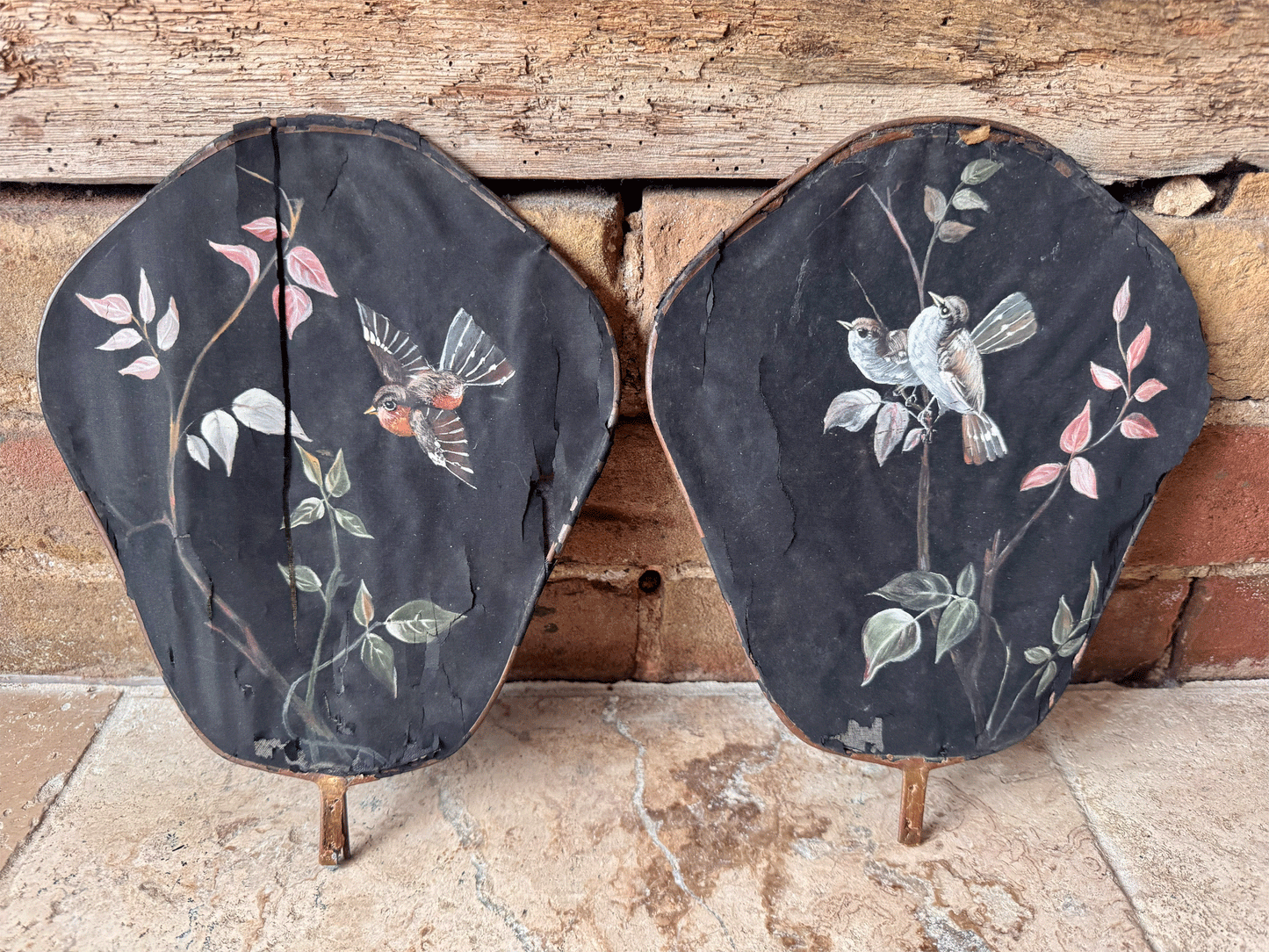 antique french hand painted silk fireside face screen fan birds florals 19th century