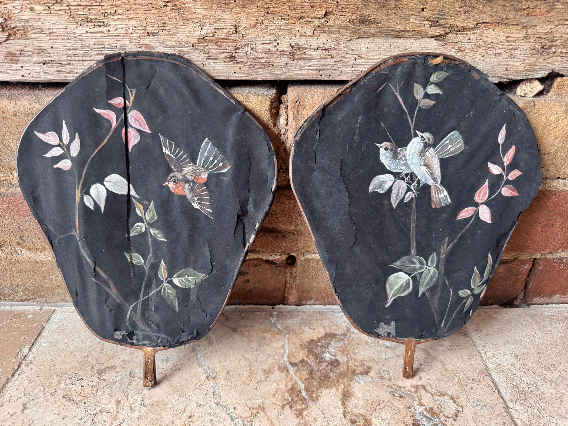 antique french hand painted silk fireside face screen fan birds florals 19th century