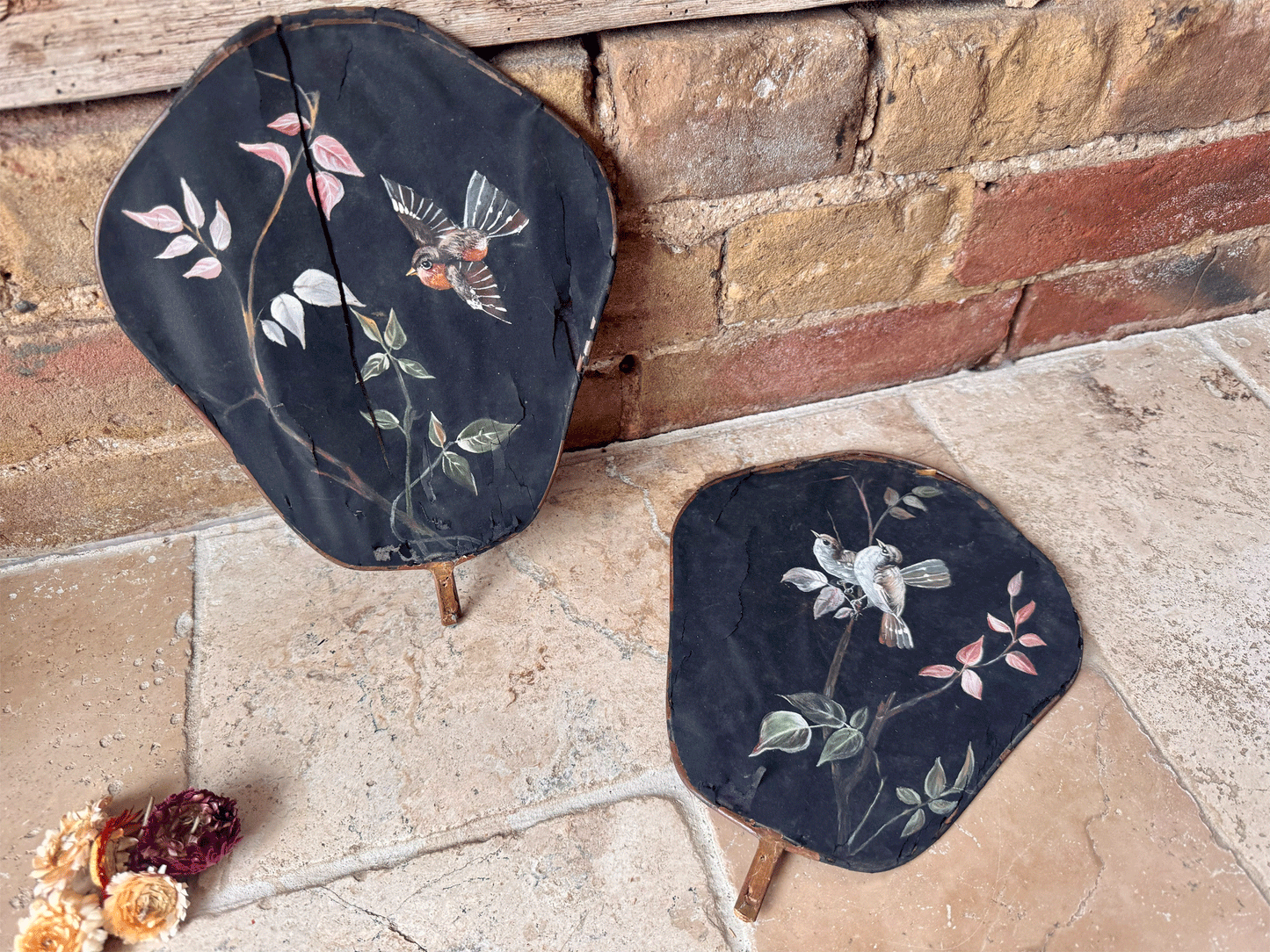 antique french hand painted silk fireside face screen fan birds florals 19th century