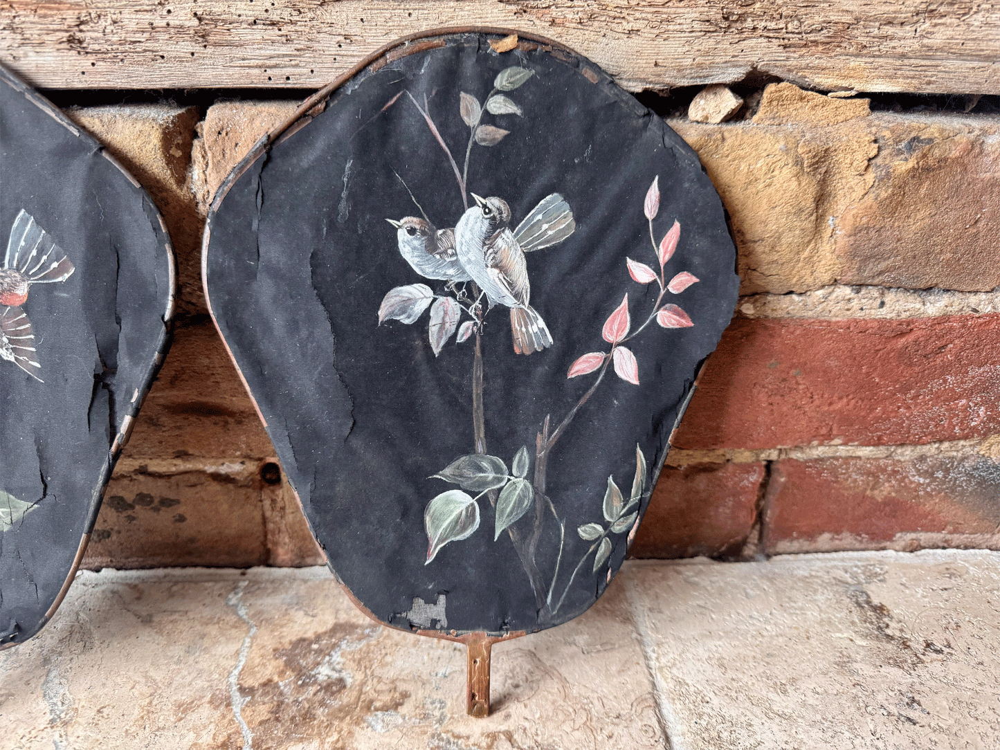 antique french hand painted silk fireside face screen fan birds florals 19th century