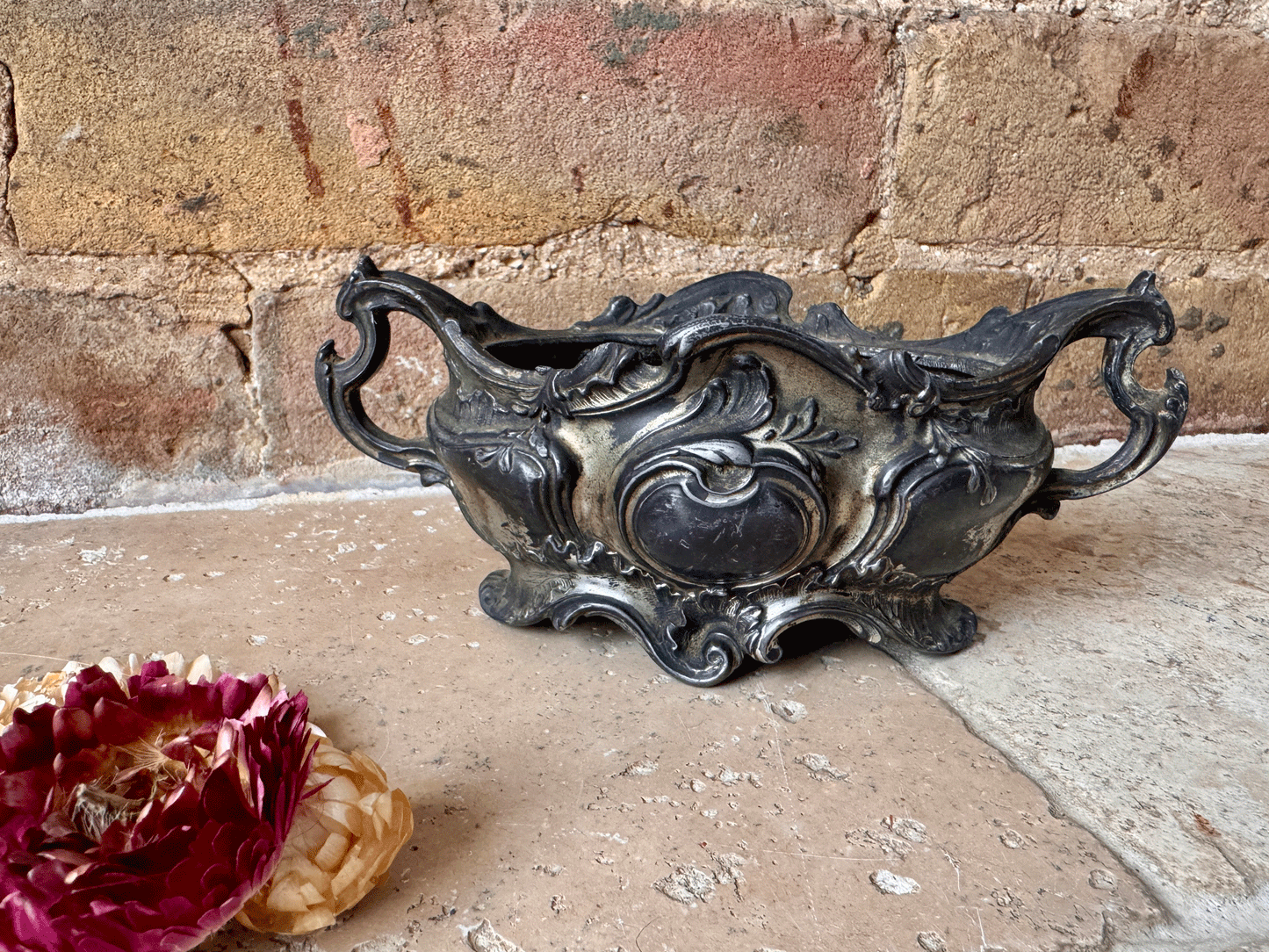antique timeworn dark patina silver plated rare small jardiniere windowsill vase table centrepiece