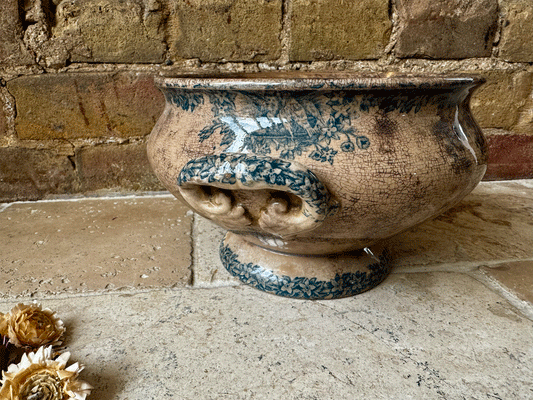 antique french rare timeworn stained heaby patina large ironstone terre de fer soupiere lebacqz bouchard colombier birds nesting