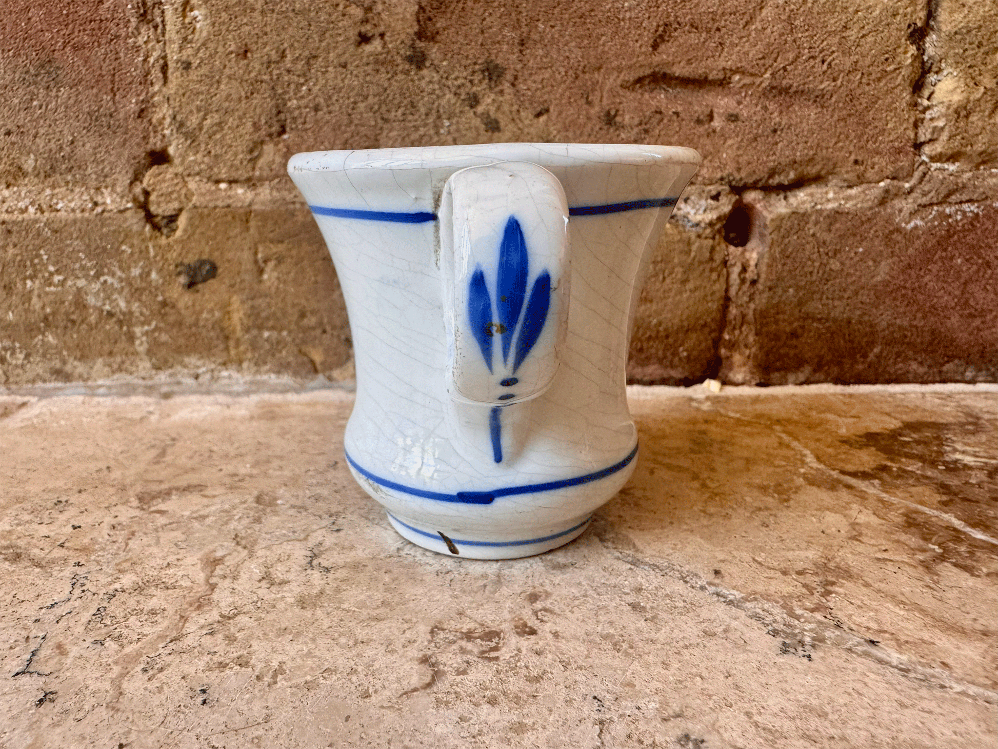 antique thick heavyset ironstone brulot french coffee brandy cup mug blue decoration rim