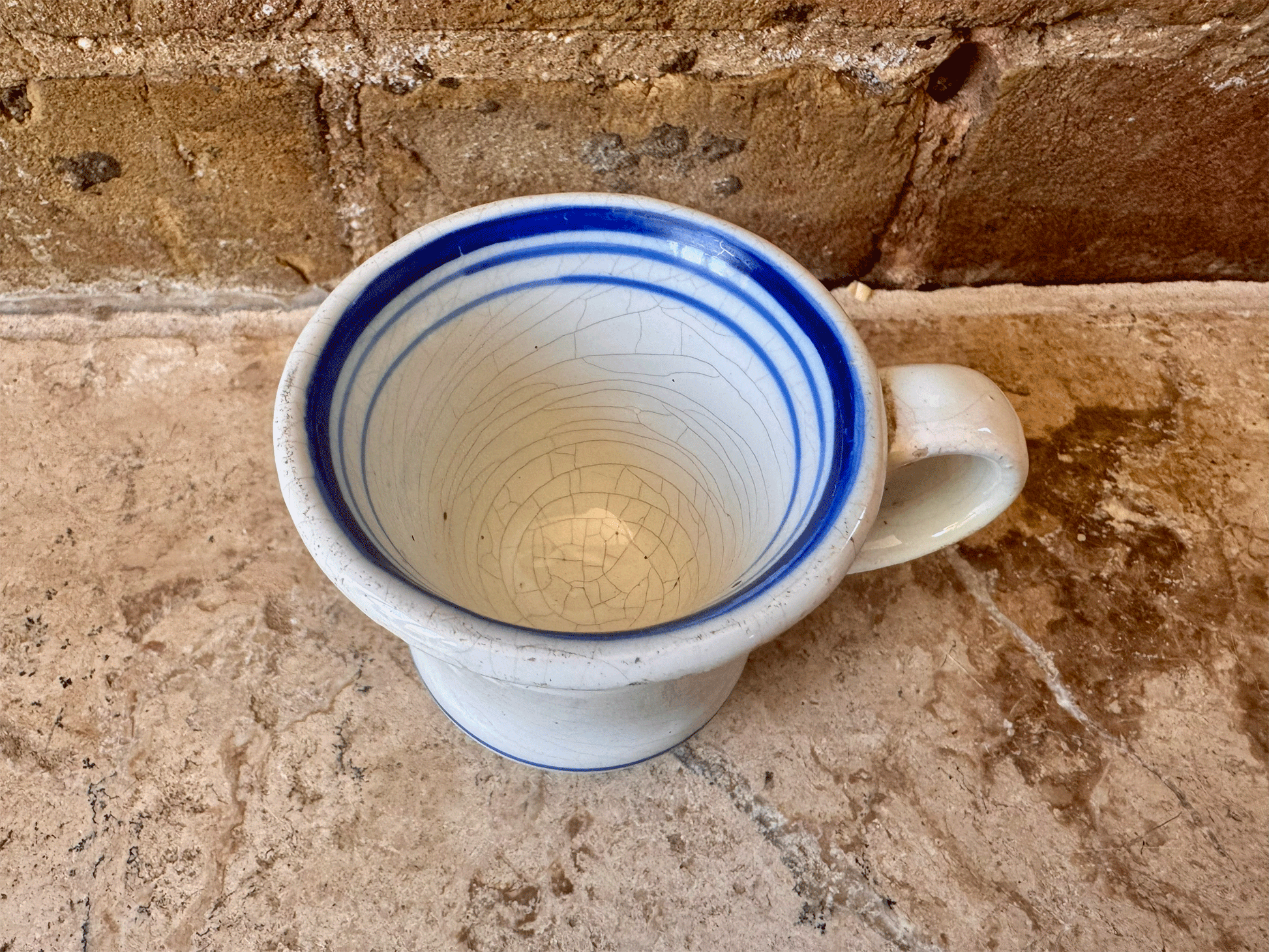 antique thick heavyset ironstone brulot french coffee brandy cup mug blue decoration rim