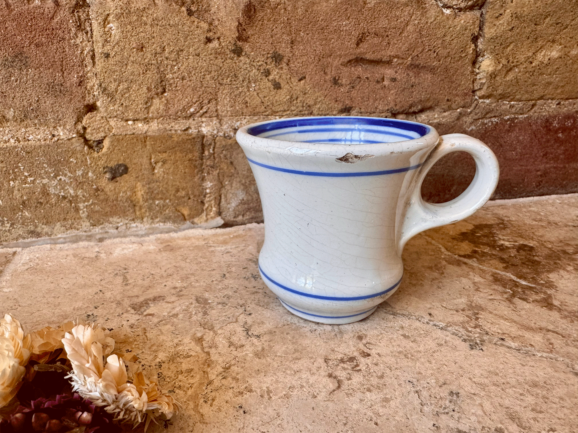 antique thick heavyset ironstone brulot french coffee brandy cup mug blue decoration rim