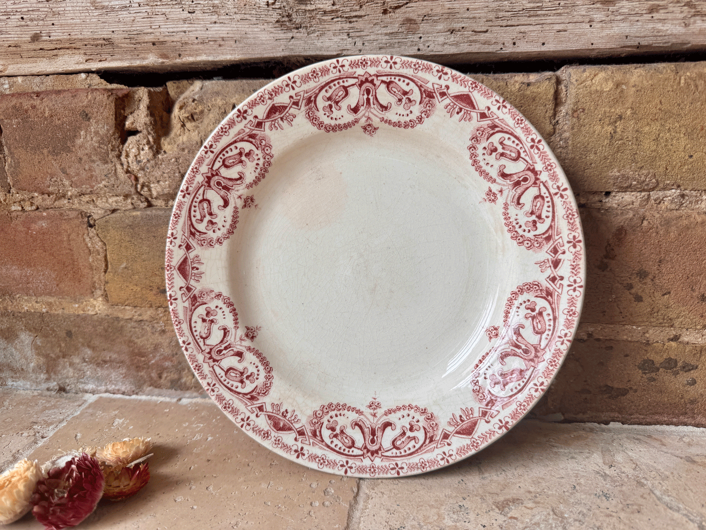 antique french caiffa guirlande pink red transferware assiette plate terre de fer ironstone