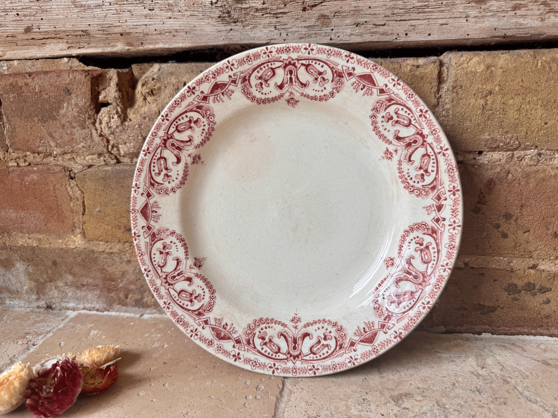 antique french caiffa guirlande pink red transferware assiette plate terre de fer ironstone