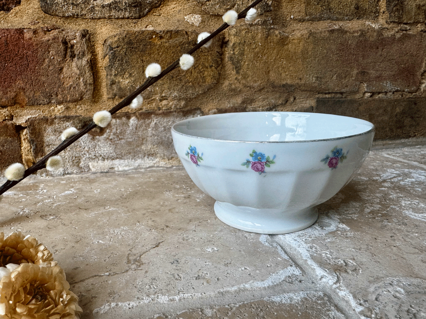 antique french white ironstone ribbed cafe au lait bowl floral pattern