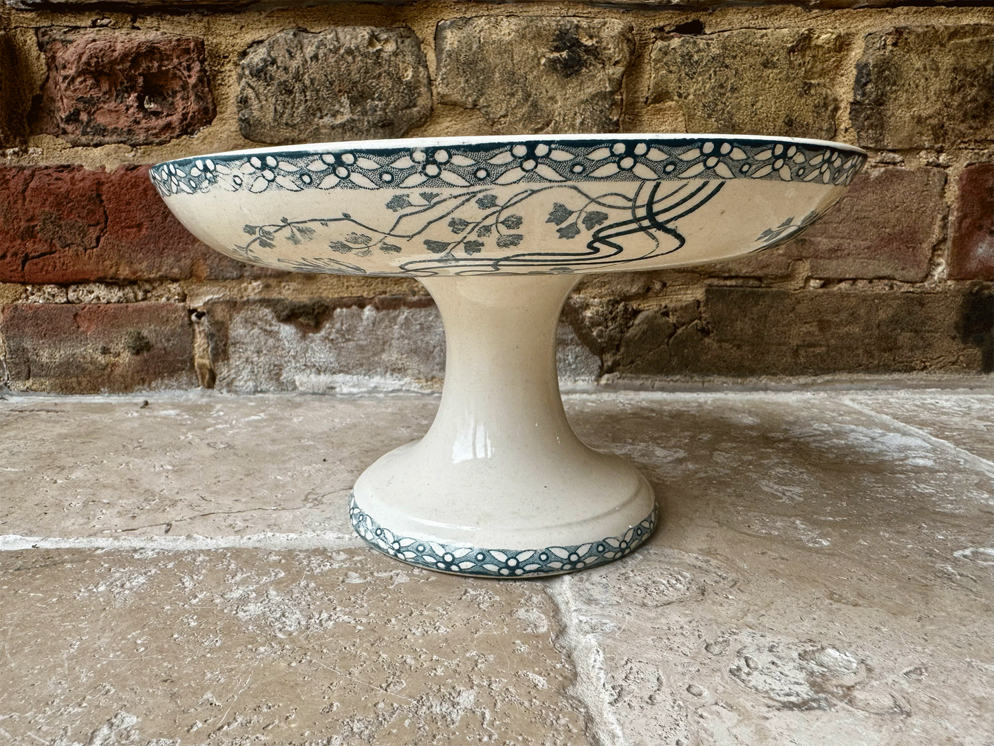 antique french teal transferware ironstone terre de fer compotier compote dish stand royat floral pattern sarreguemines