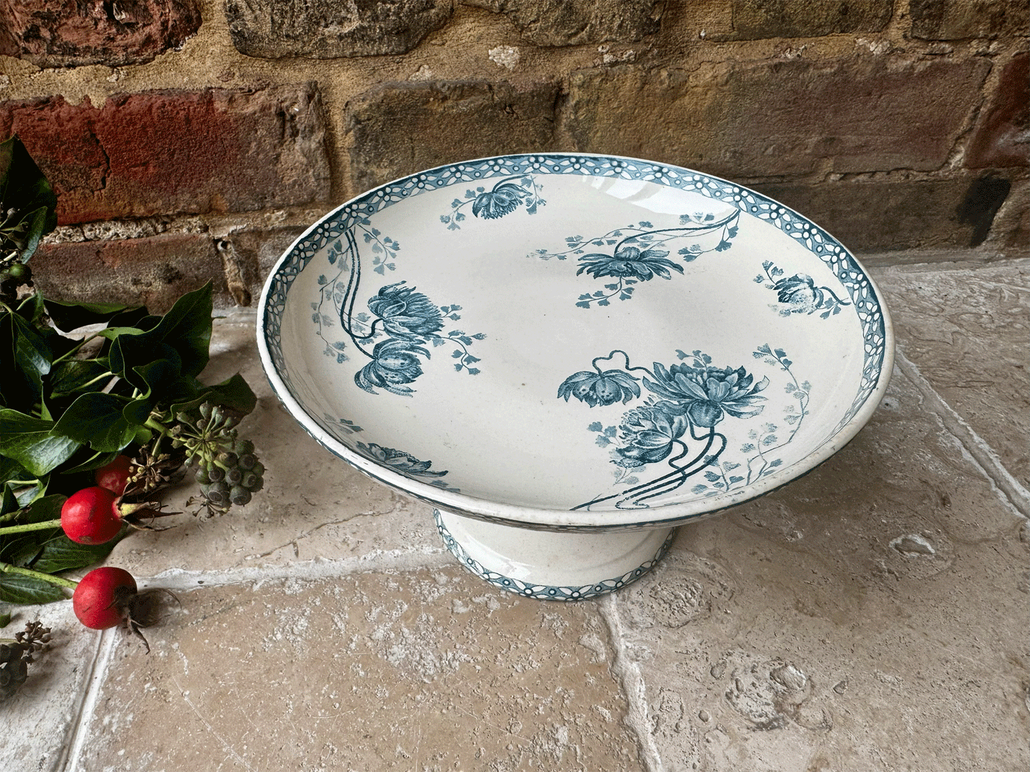 antique french teal transferware ironstone terre de fer compotier compote dish stand royat floral pattern sarreguemines