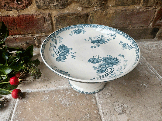 antique french teal transferware ironstone terre de fer compotier compote dish stand royat floral pattern sarreguemines