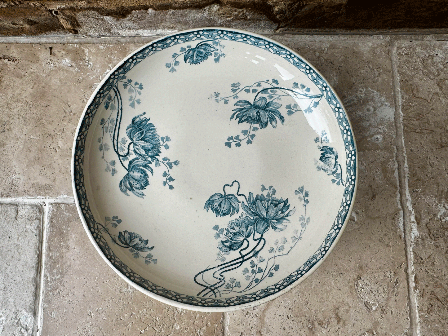 antique french teal transferware ironstone terre de fer compotier compote dish stand royat floral pattern sarreguemines