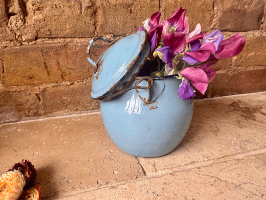 antique french blue enamel picnic tiffin cooking pot weathered worn
