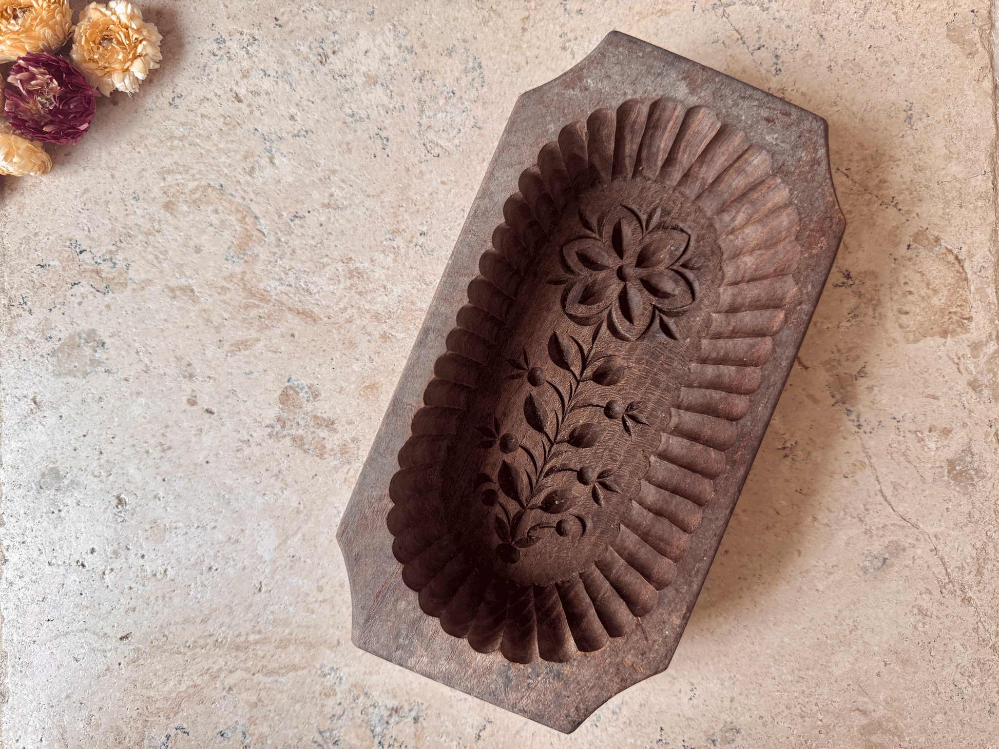 antique french deeplt carved butter brick mould wooden geometric folk art flower floral