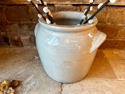 antique french large rustic stoneware confit pot storage  vase interior decor 