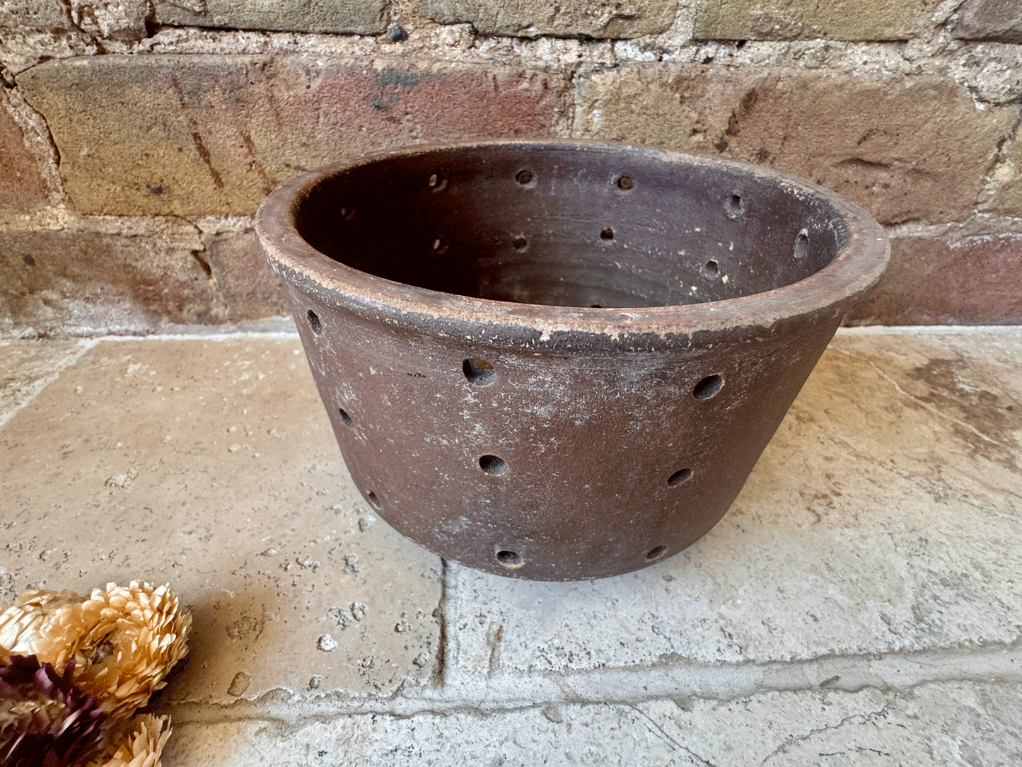 large antique french rustic pierced cheese drainer mould faisselle