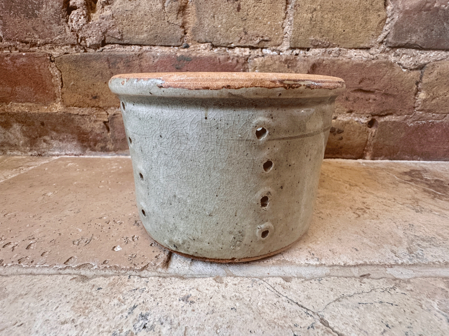 antique french large creamy grey rustic pierced faisselle cheese drainer