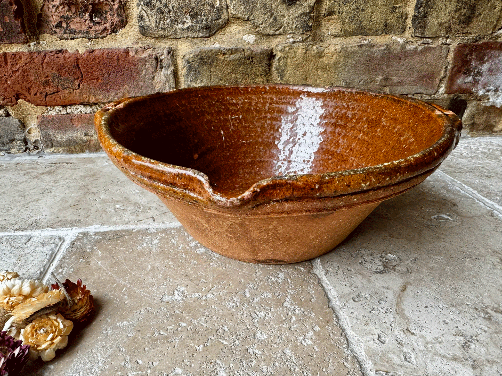 antique french rustic dairy pan mixing bowl pancheon stoneware terracotta bowl