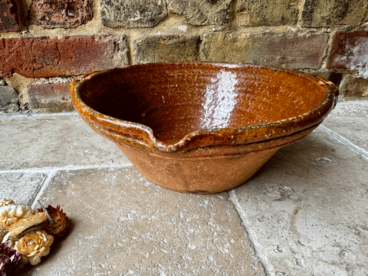antique french rustic dairy pan mixing bowl pancheon stoneware terracotta bowl