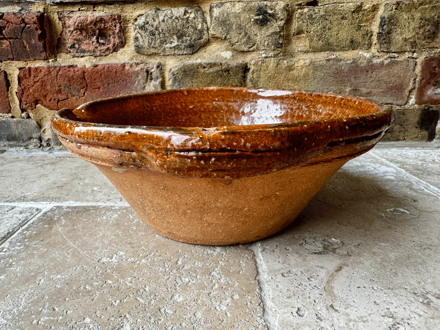 antique french rustic dairy pan mixing bowl pancheon stoneware terracotta bowl