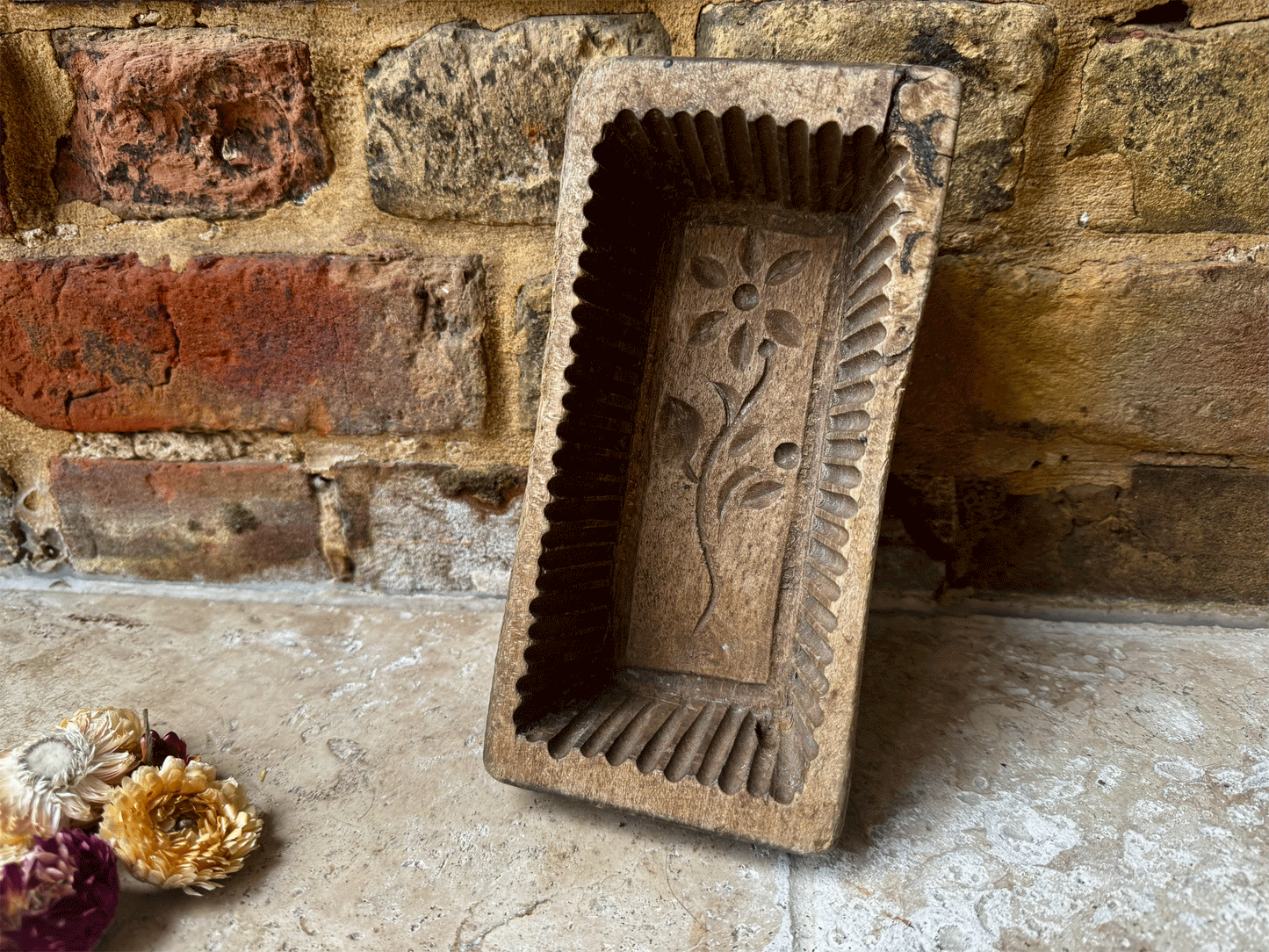 antique primitive 19th century carved wooden treen butter brick mould floral decoration