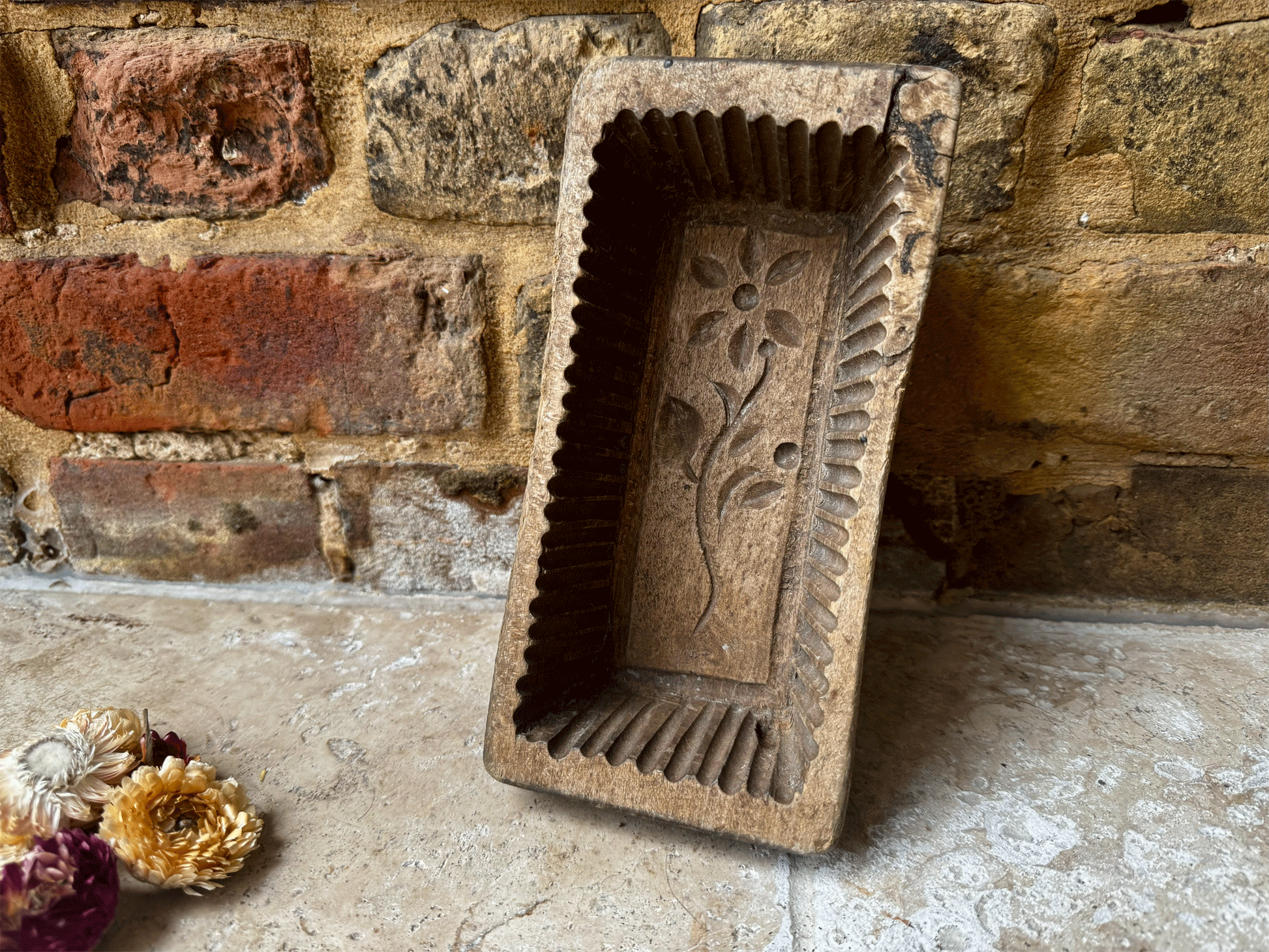 antique primitive 19th century carved wooden treen butter brick mould floral decoration