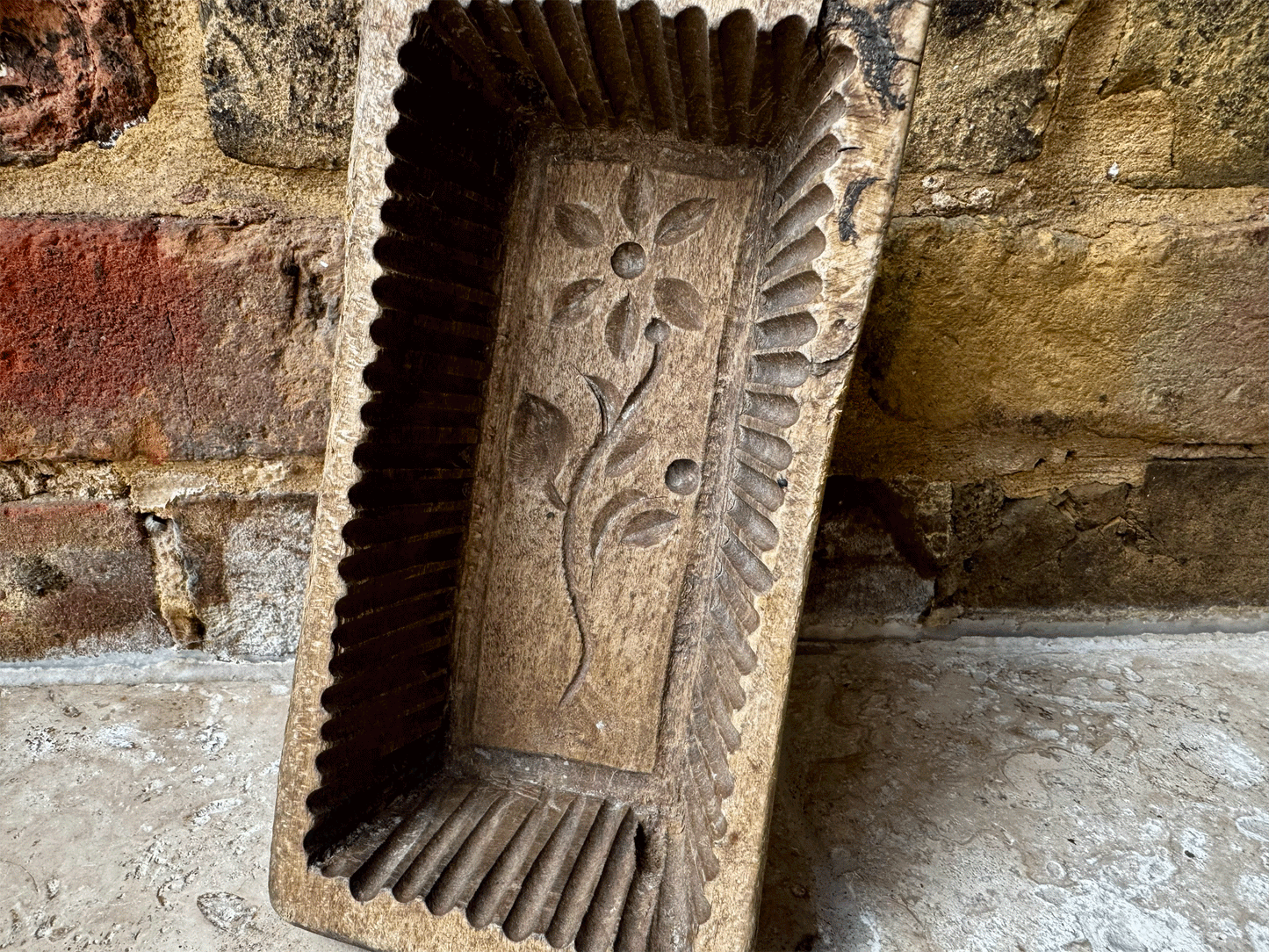 antique primitive 19th century carved wooden treen butter brick mould floral decoration