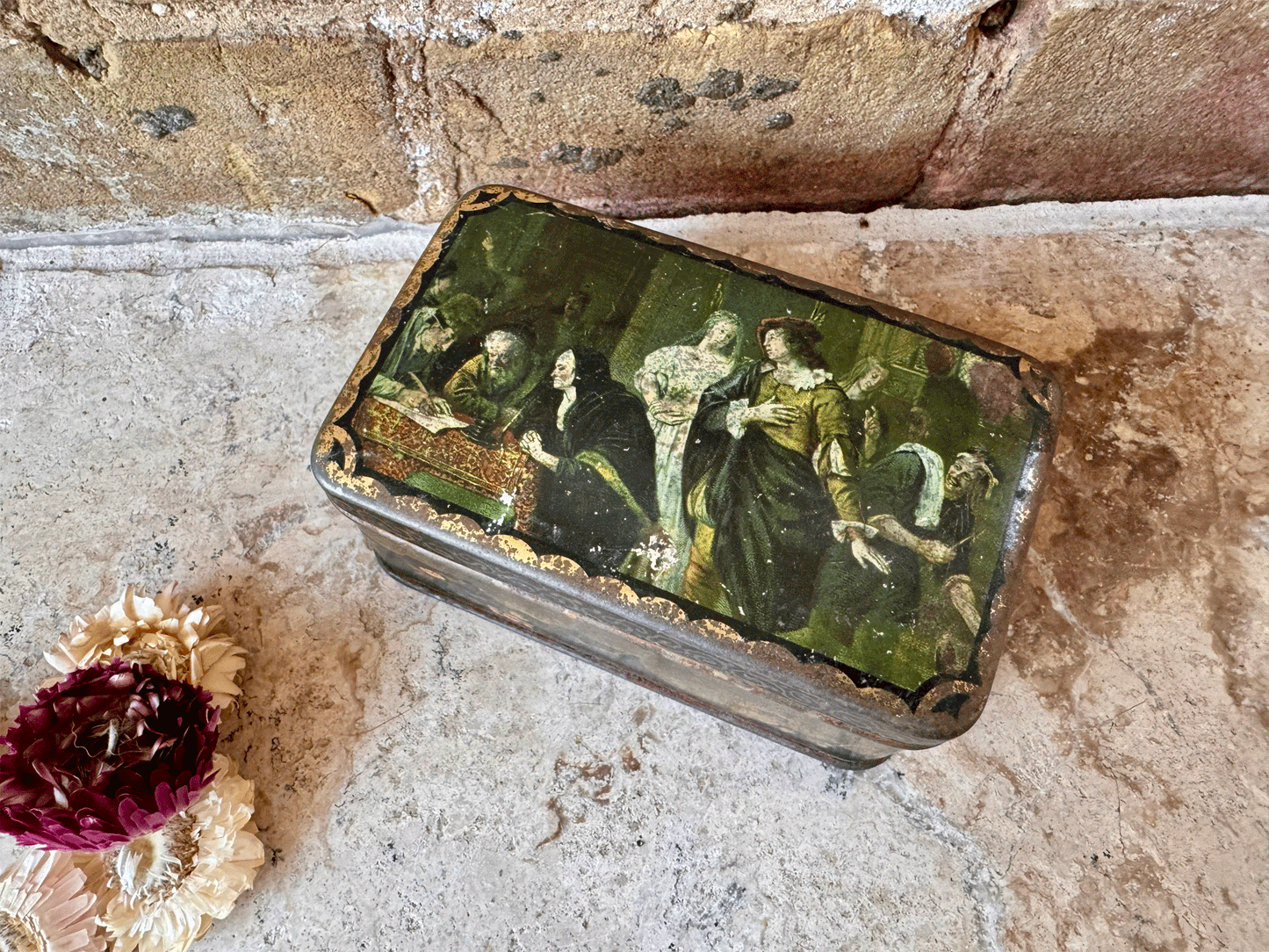 antique vintage french packaging tin chinoiserie religious style rustic interior decor