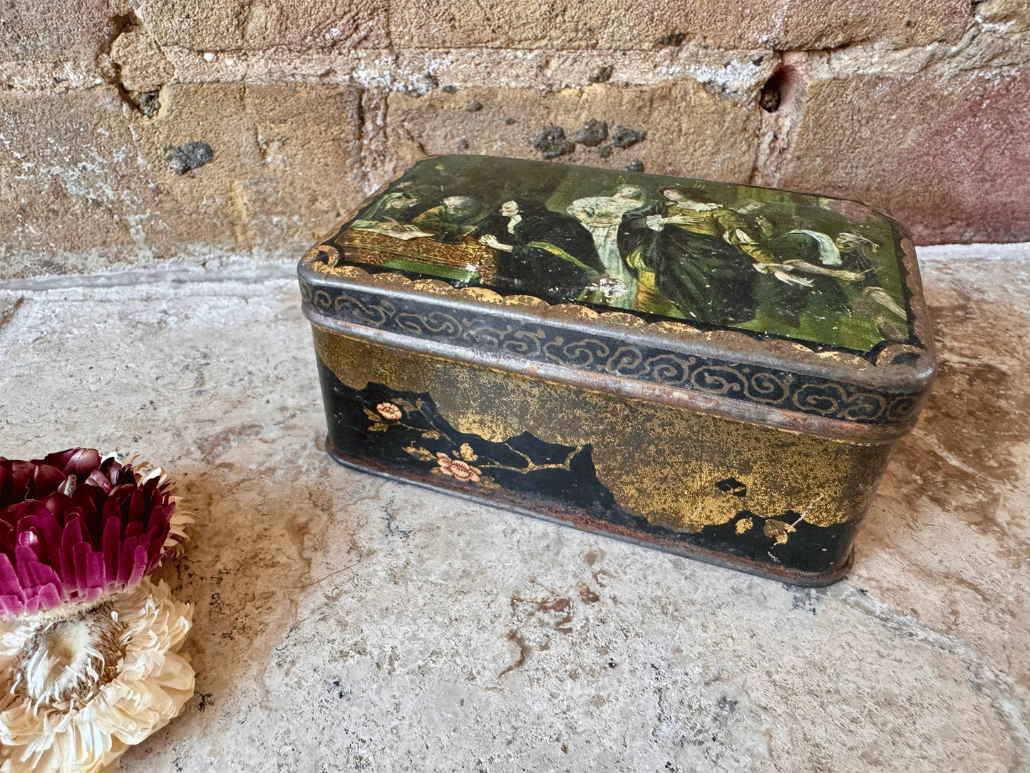 antique vintage french packaging tin chinoiserie religious style rustic interior decor