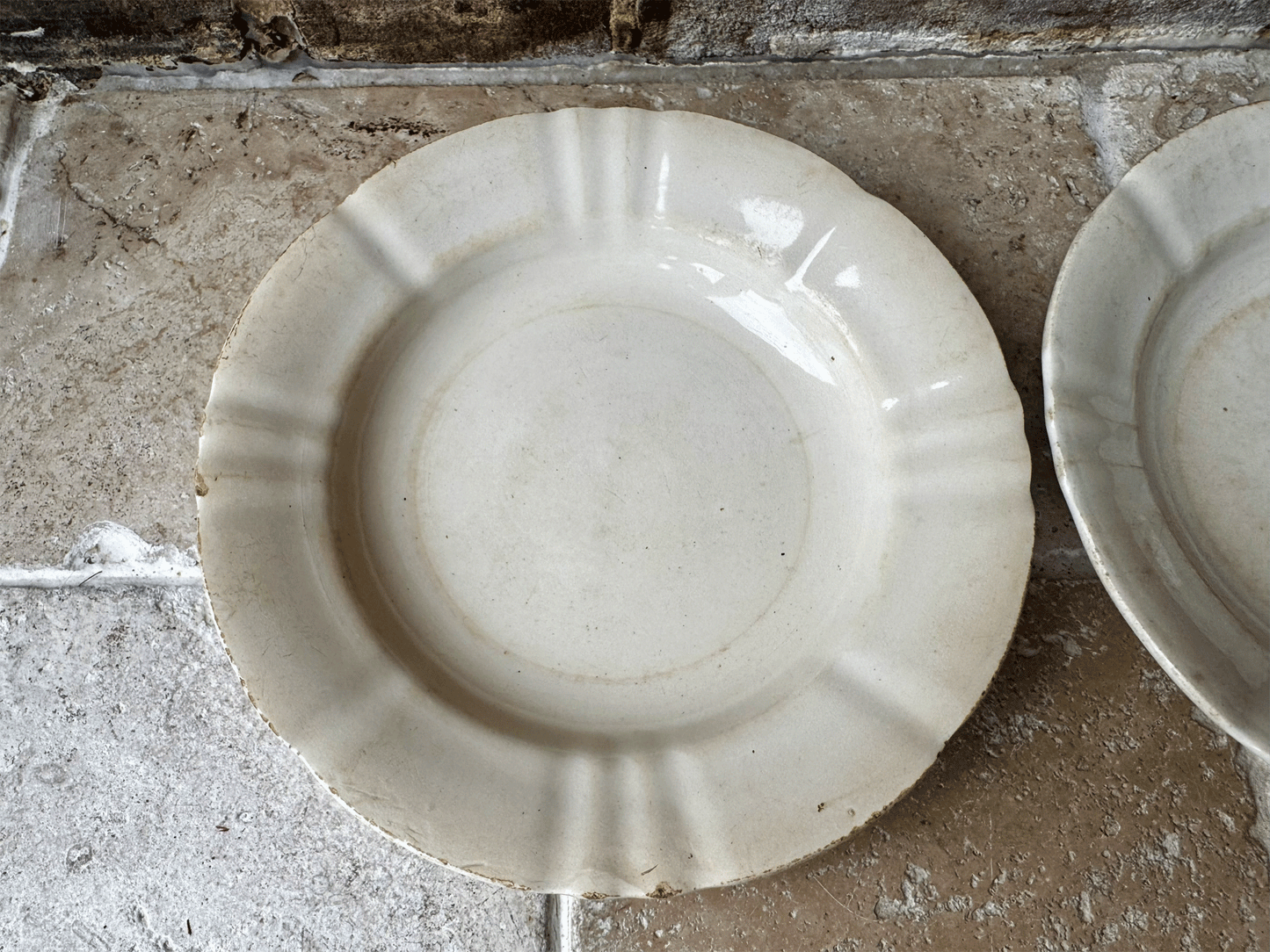 antique french saint amand hamage terre de fer plain white ironstone buttery aged bowl