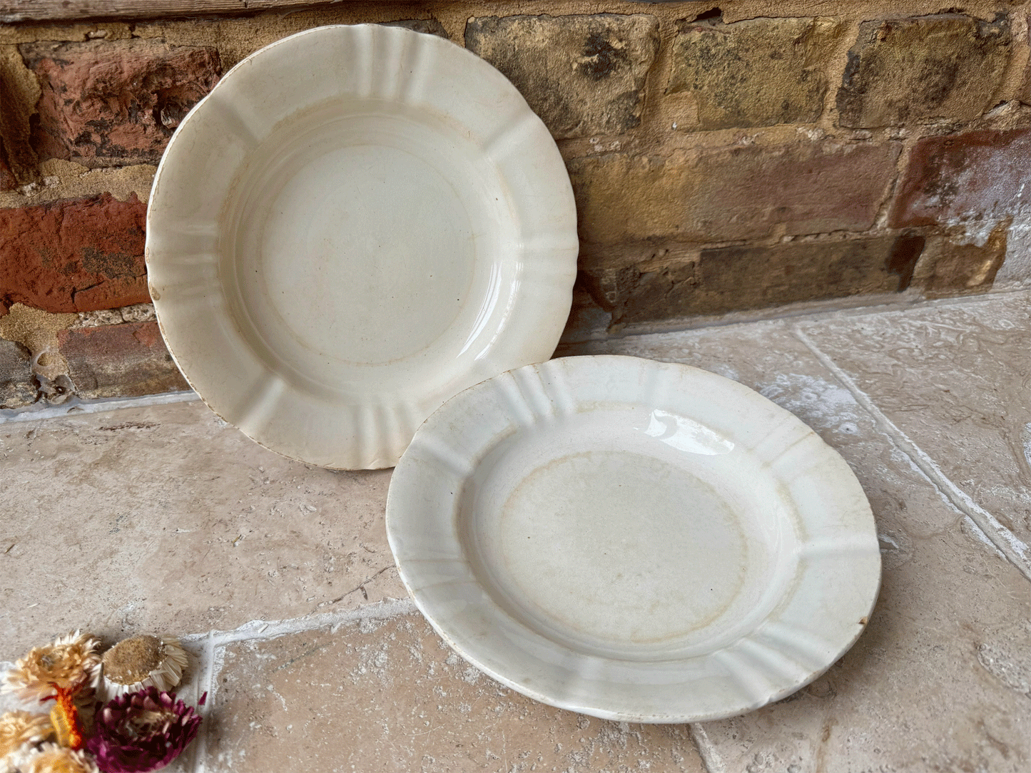 antique french saint amand hamage terre de fer plain white ironstone buttery aged bowl