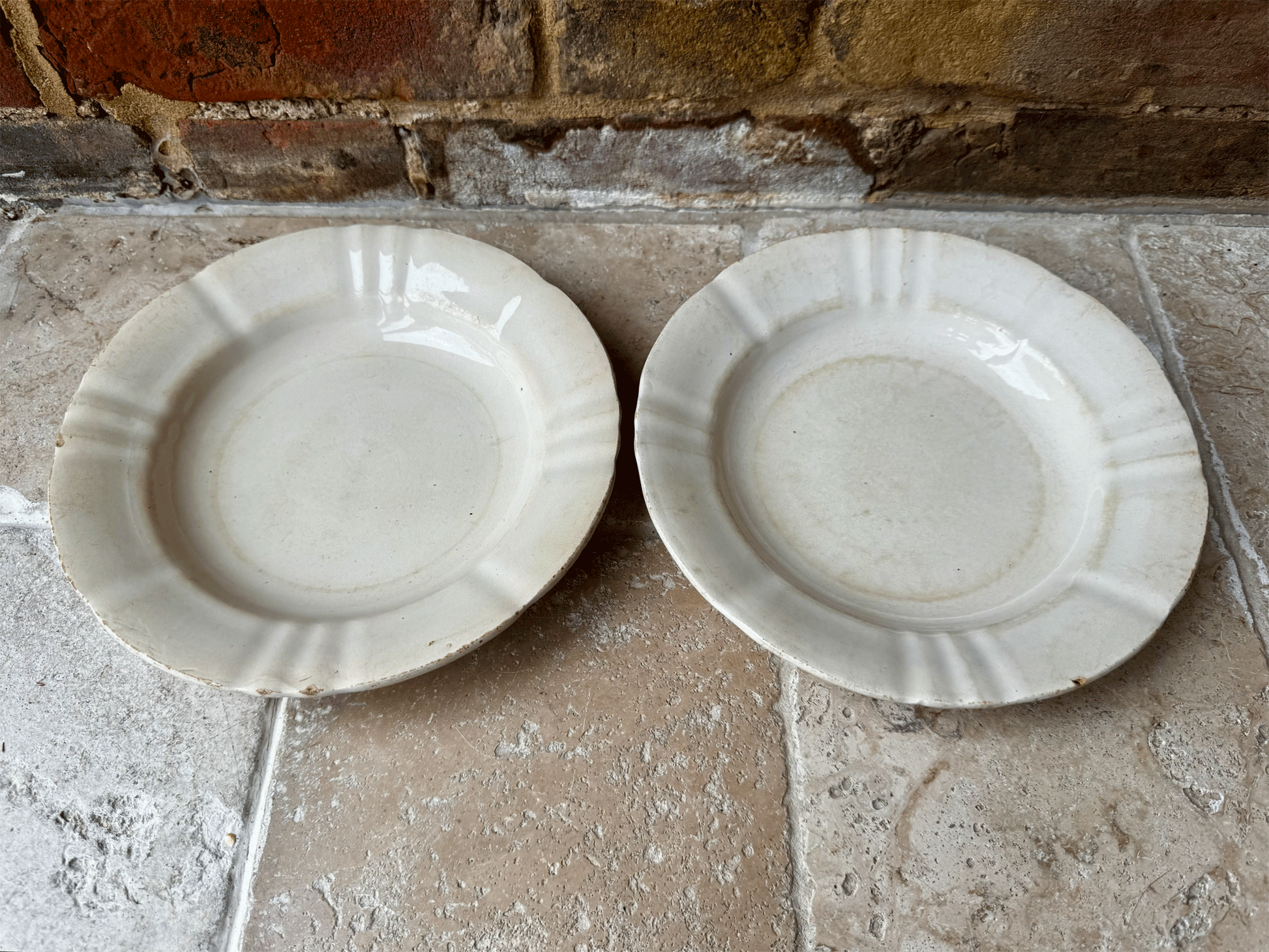 antique french saint amand hamage terre de fer plain white ironstone buttery aged bowl