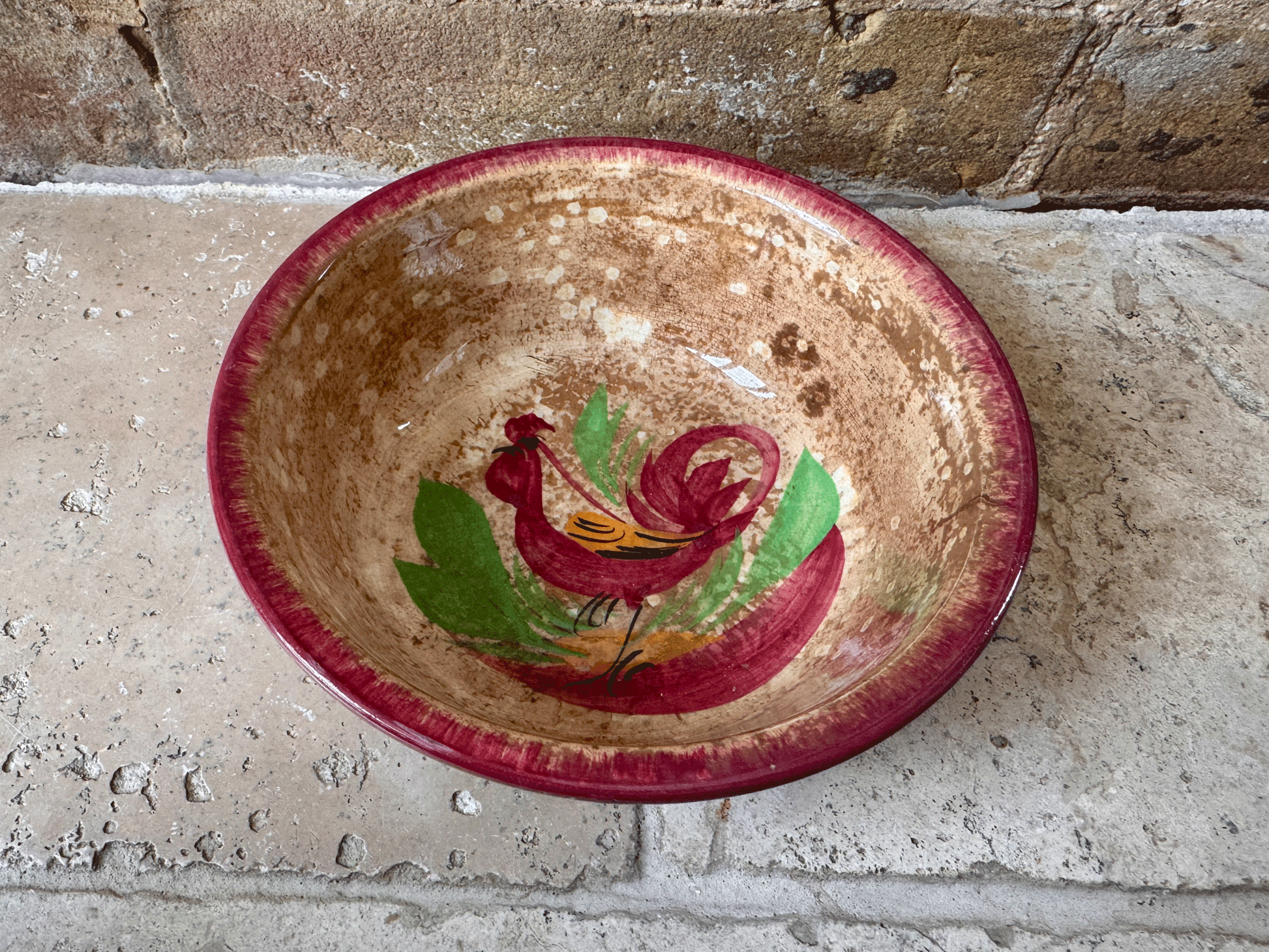 antique french ironstone terre de fer spongeware transferware cockerel bowl sarreguemines