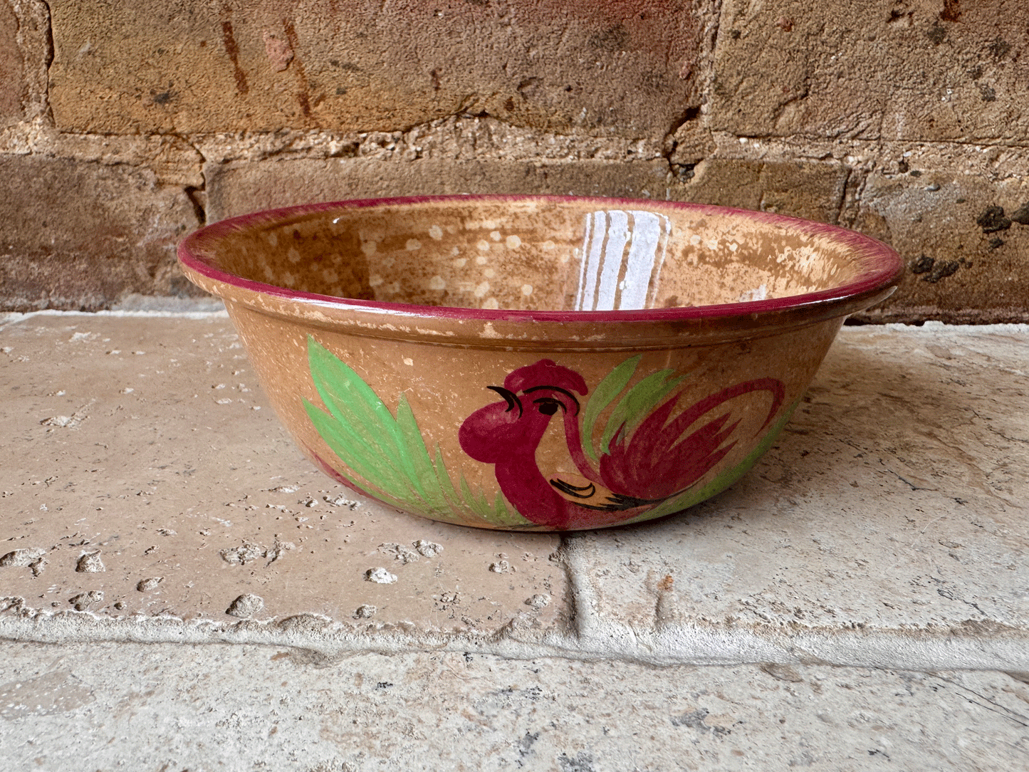 antique french ironstone terre de fer spongeware transferware cockerel bowl sarreguemines