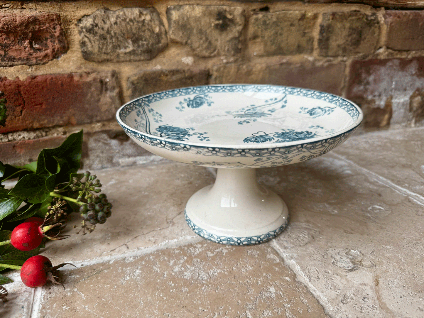 antique french teal transferware ironstone terre de fer compotier compote dish stand royat floral pattern sarreguemines