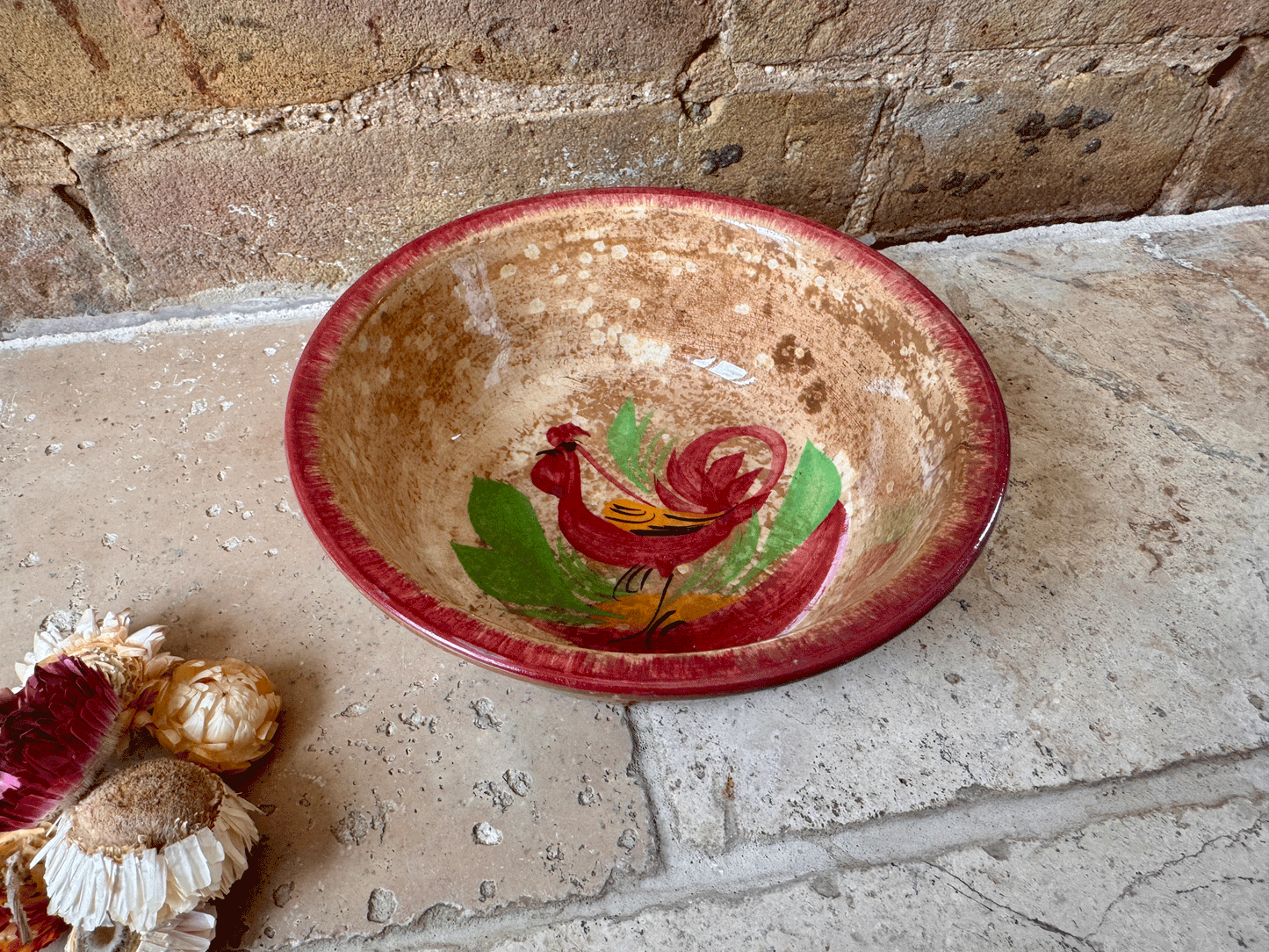 antique french ironstone terre de fer spongeware transferware cockerel bowl sarreguemines