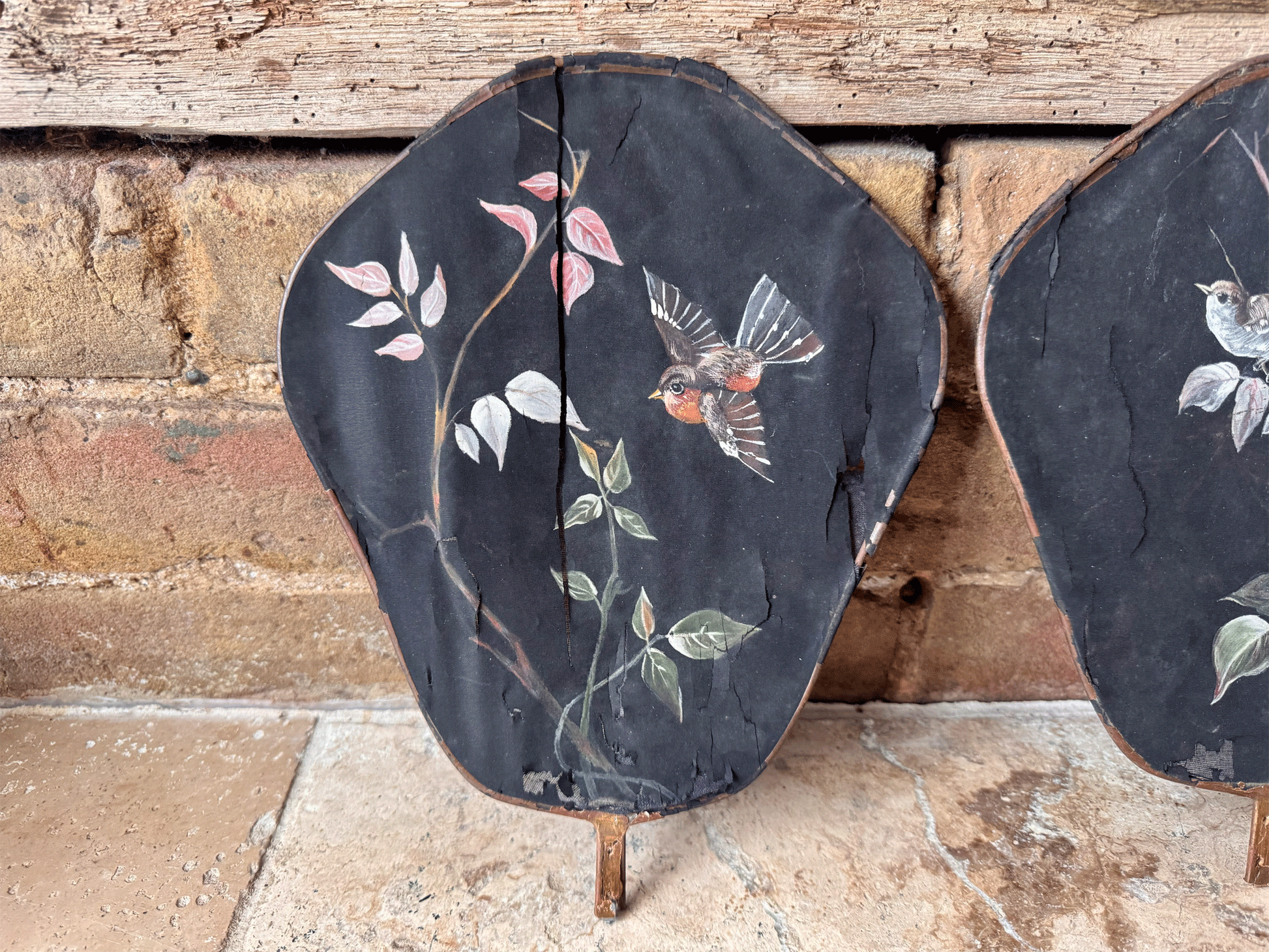 antique french hand painted silk fireside face screen fan birds florals 19th century