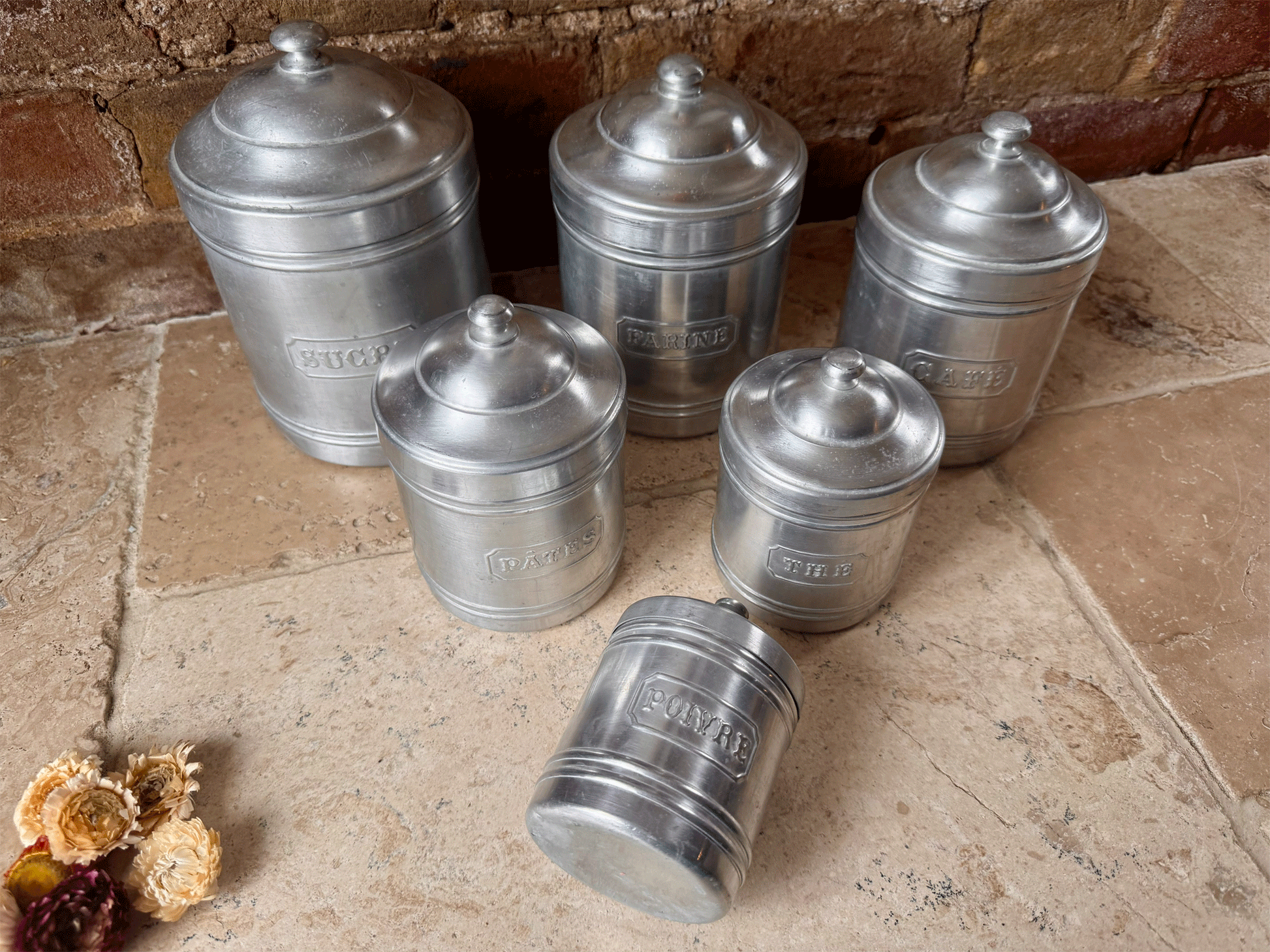 antique french set six aluminium tin kitchen storage canisters jars containers