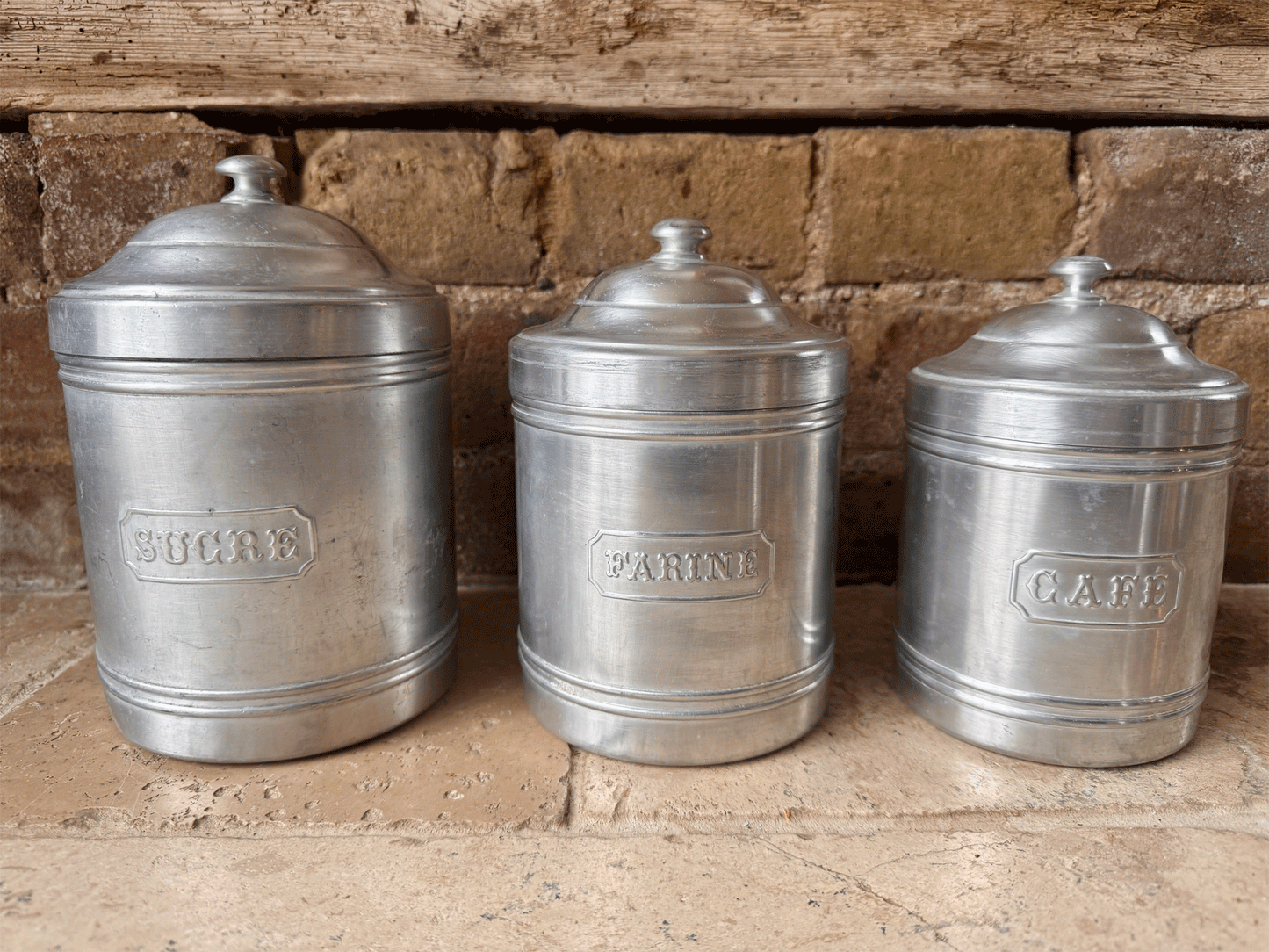 antique french set six aluminium tin kitchen storage canisters jars containers