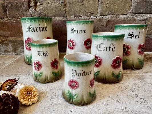 antique french timeworn charming character barbotine majolica relief decoration flowers poppies ironstone set canisters