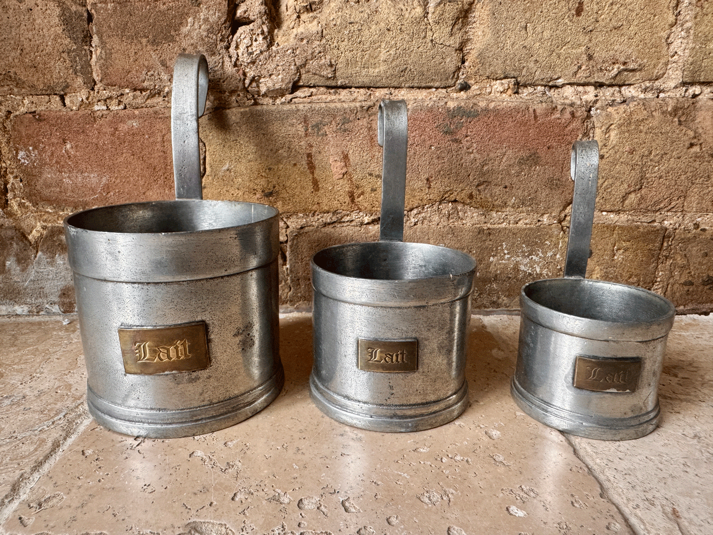vintage french set pewter lait milk measuring cups ladles brass labels