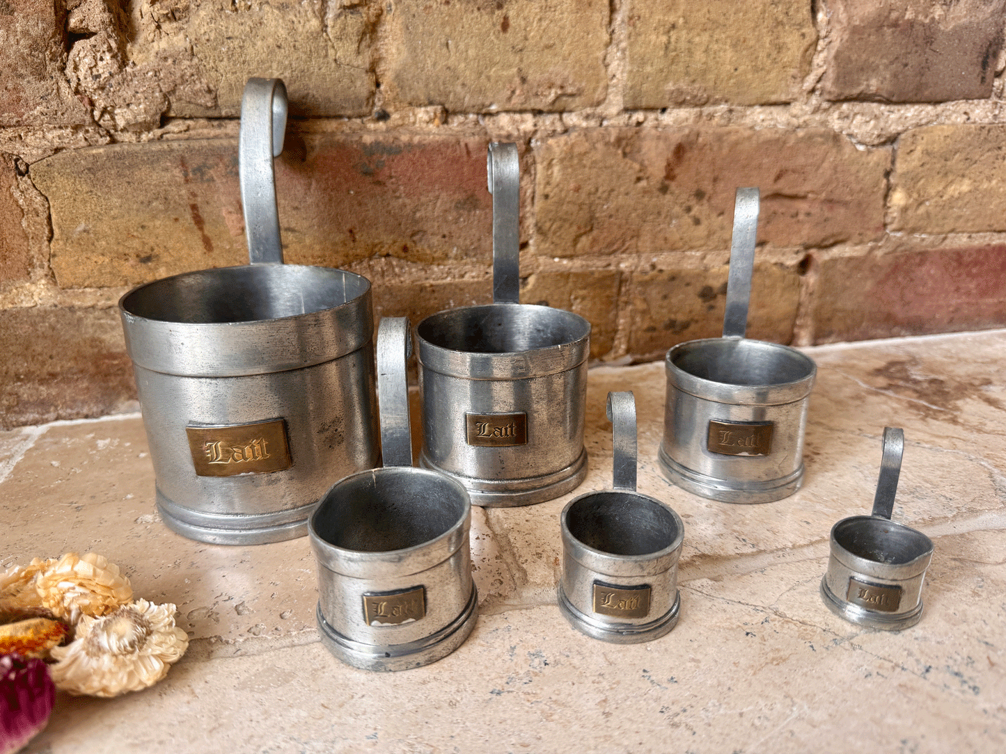vintage french set pewter lait milk measuring cups ladles brass labels