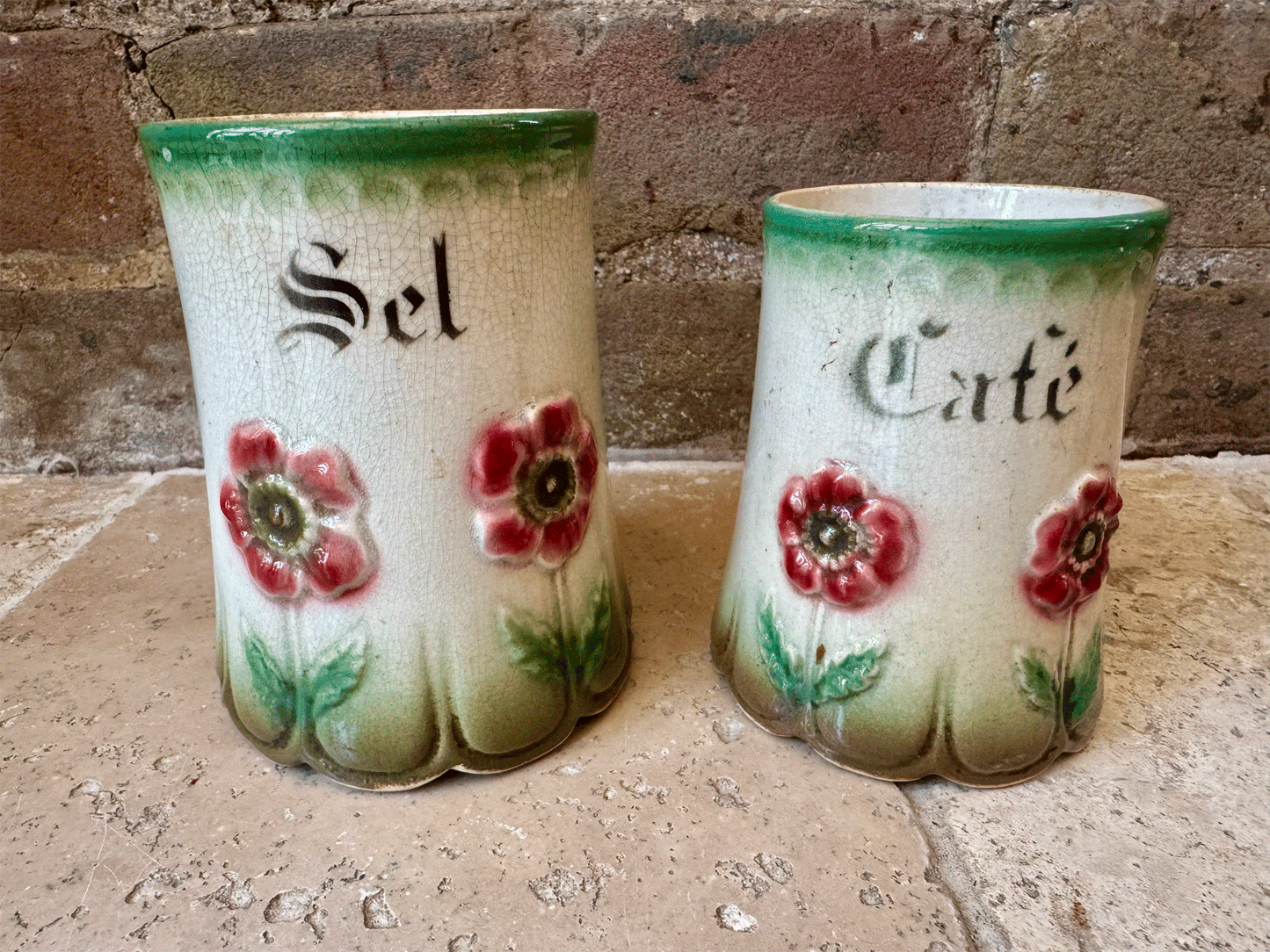 antique french timeworn charming character barbotine majolica relief decoration flowers poppies ironstone set canisters