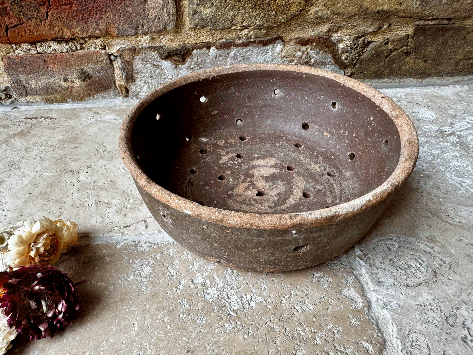 huge large antique rustic french faisselle cheese strainer drainer mould pierced stoneware pot