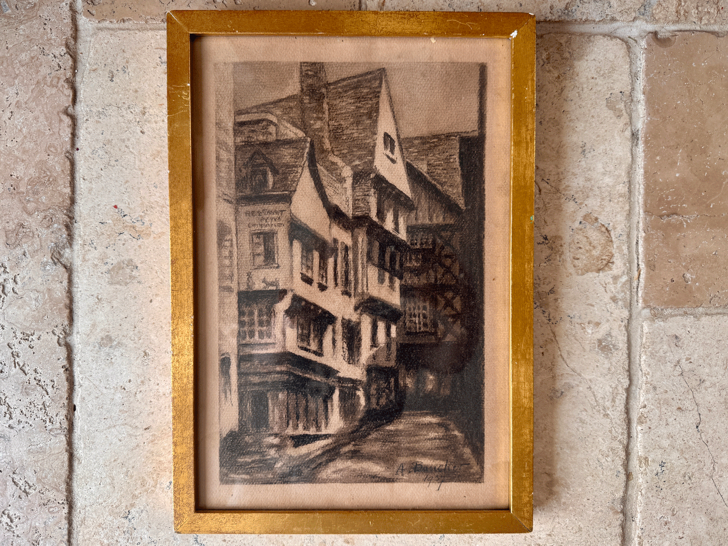 antique french signed framed charcoal drawing medieval rouen dated 1937