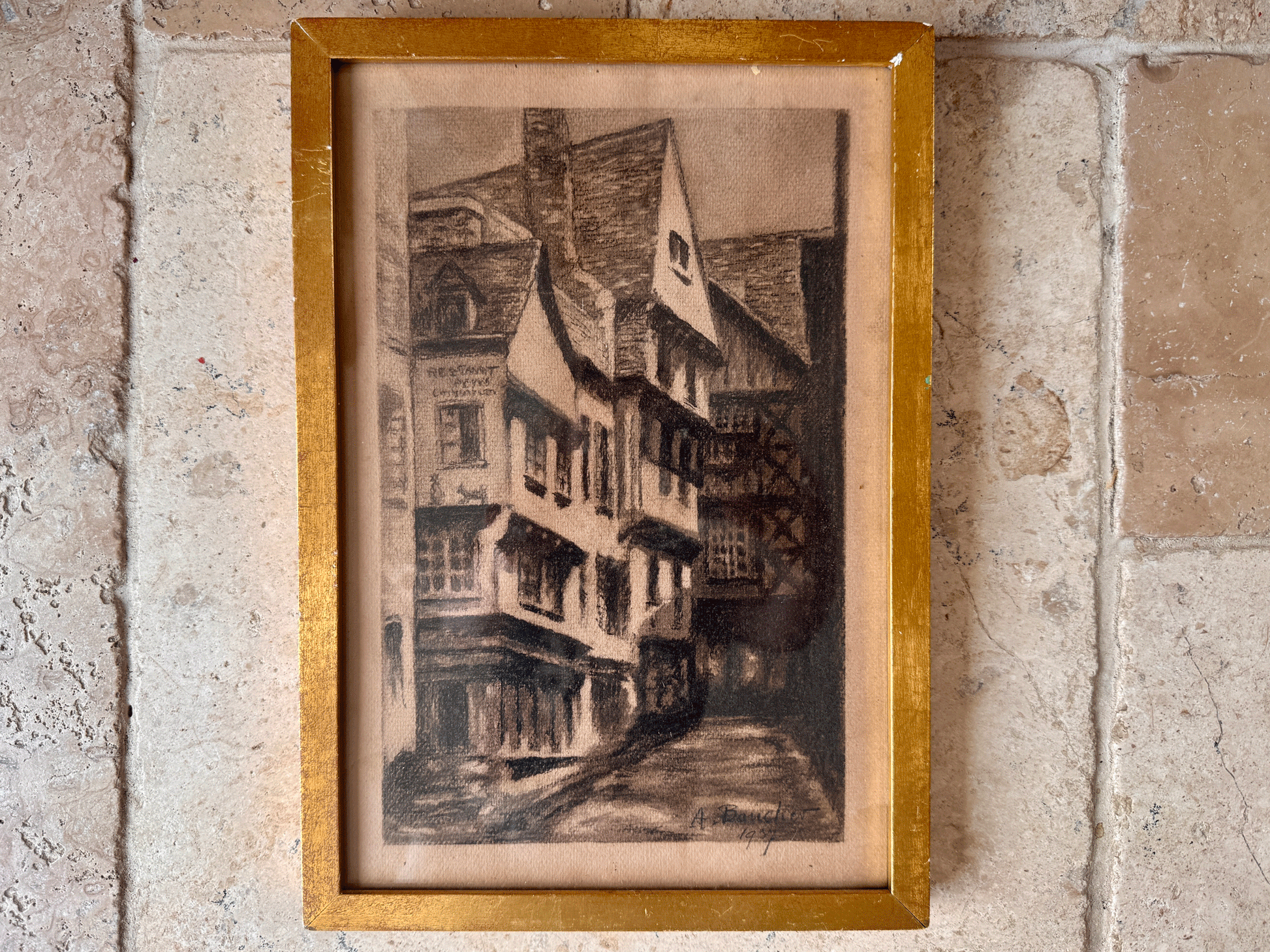 antique french signed framed charcoal drawing medieval rouen dated 1937