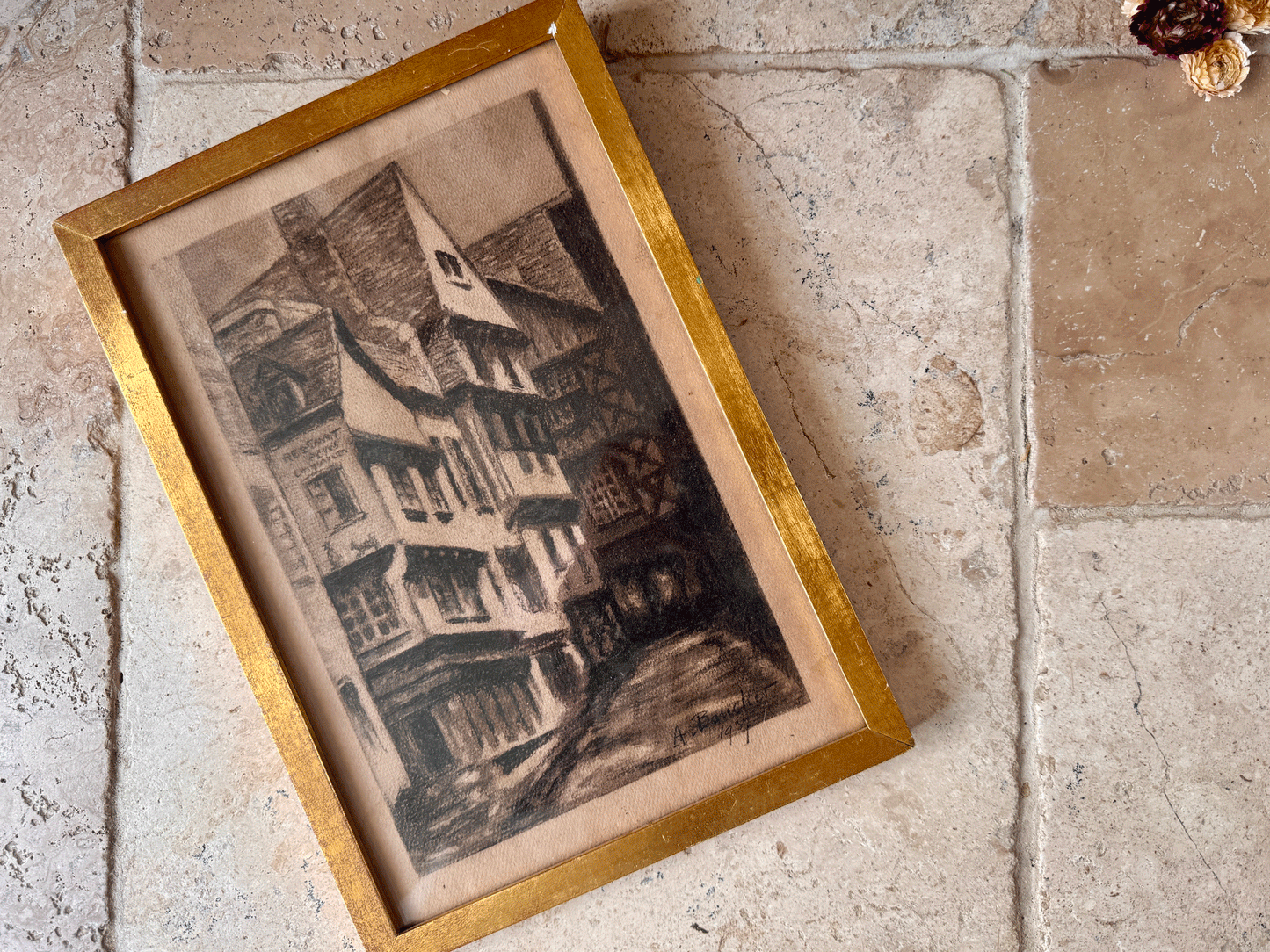 antique french signed framed charcoal drawing medieval rouen dated 1937