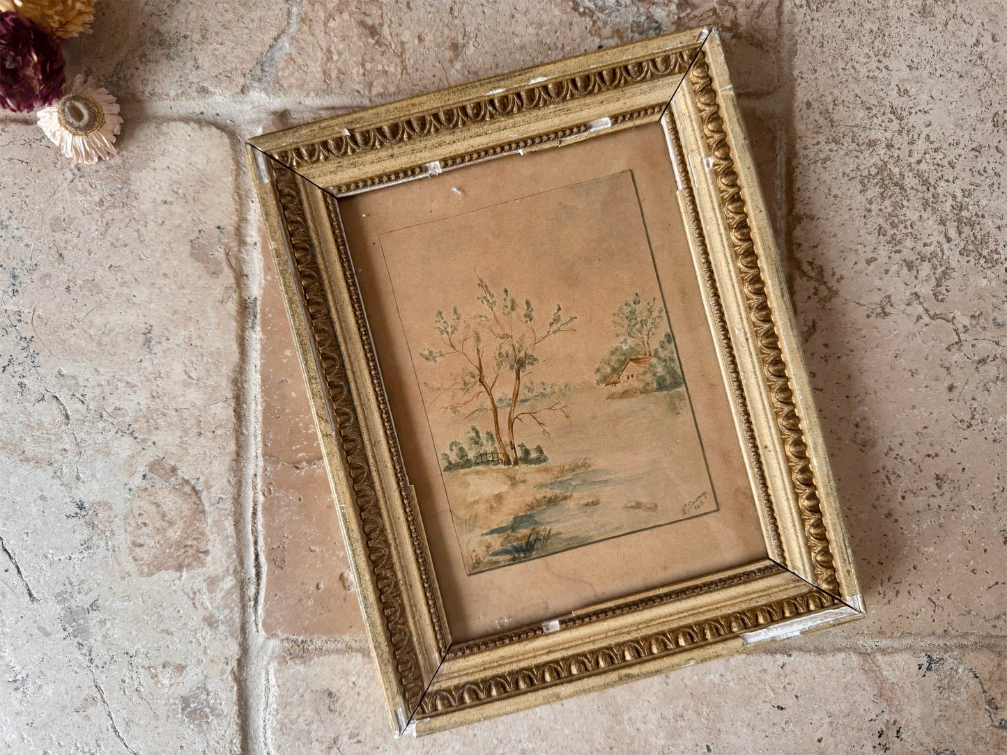 antique french siged dated village riverside country landscape watercolour painting framed