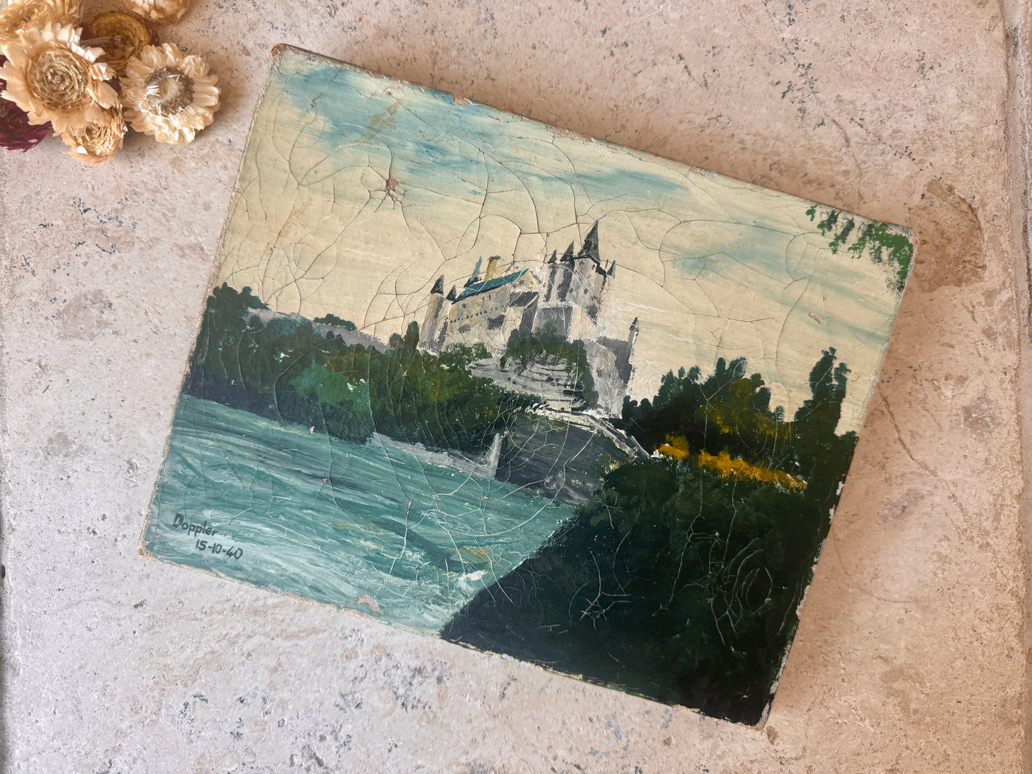 antique french signed dated vintage oil painting canvas landscape moody chateau cliffside seascape
