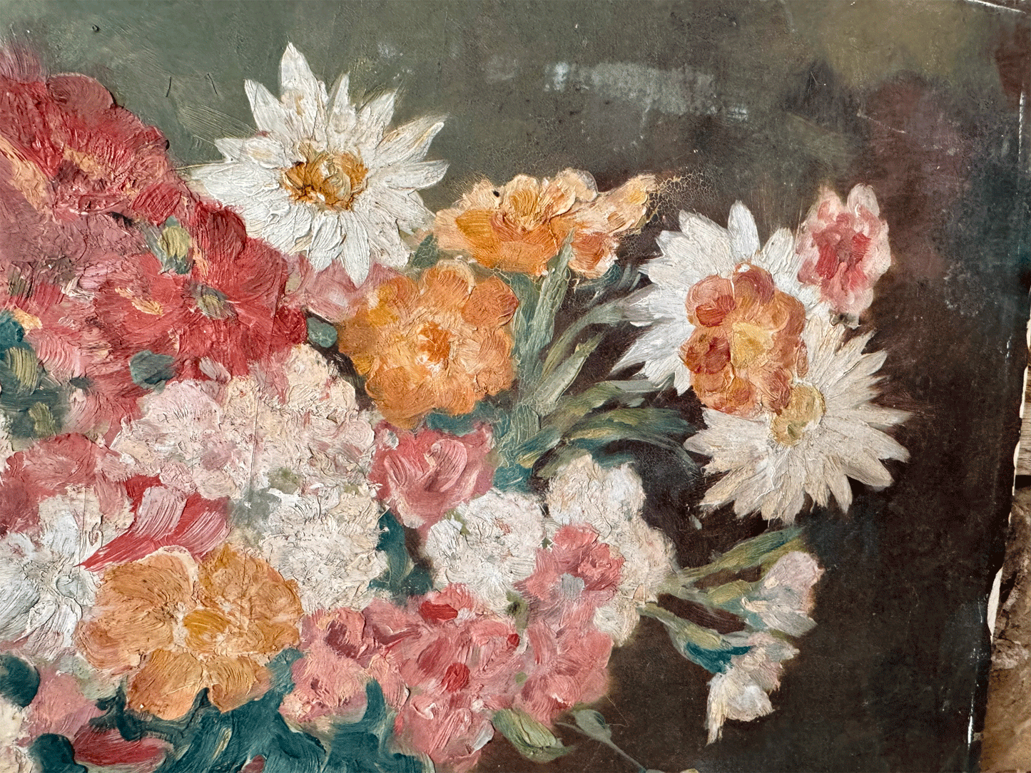 large signed antique french floral composition still life flowers blue vase sombre muted oil board